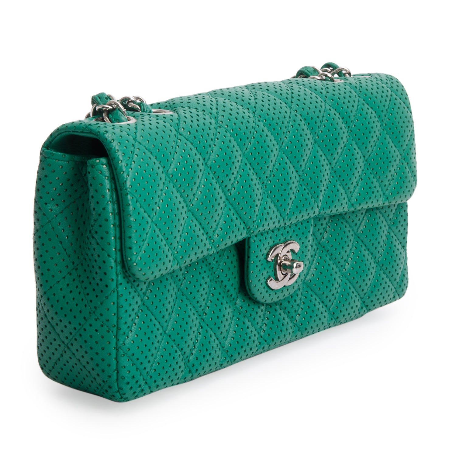 Chanel Green Lambskin Perforated East West Flap Bag w/ Box