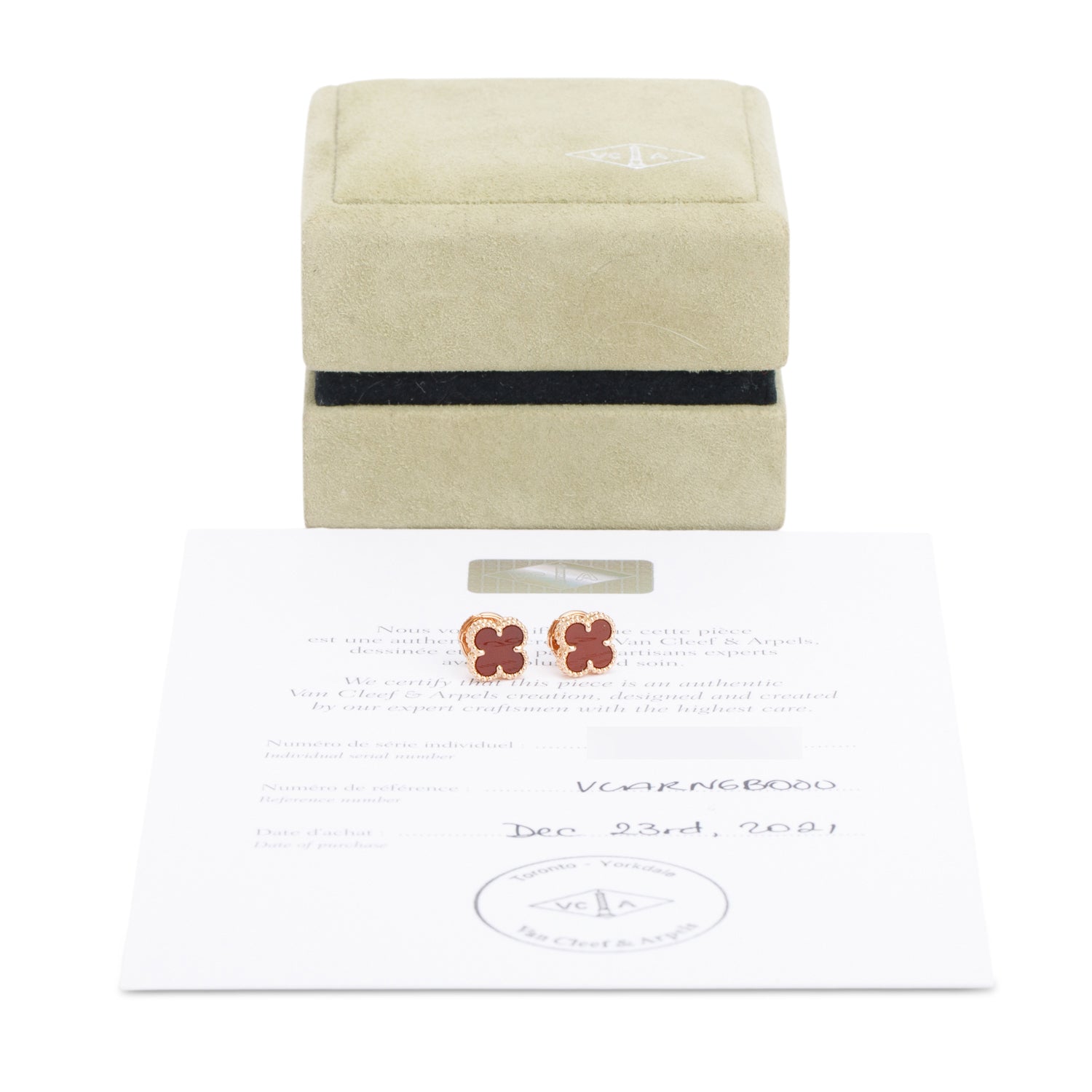 Van Cleef & Arpels 2021 18k Yellow Gold Sweet Alhambra Carnelian Stud Earrings w/ Box & Cerificate
