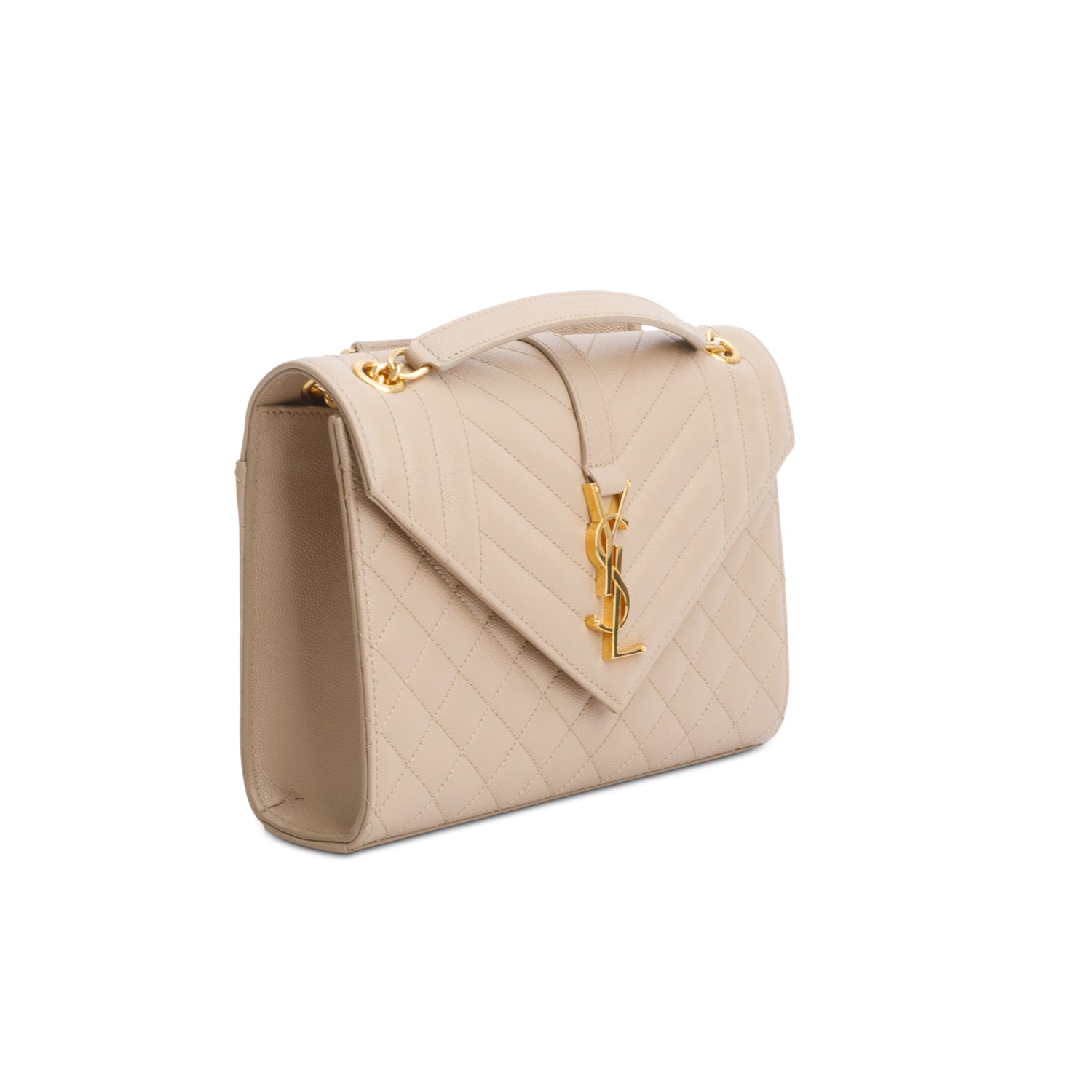Saint Laurent 2021 Beige Grain De Poudre Matelasse Medium Triquilt Monogram Satchel w Box