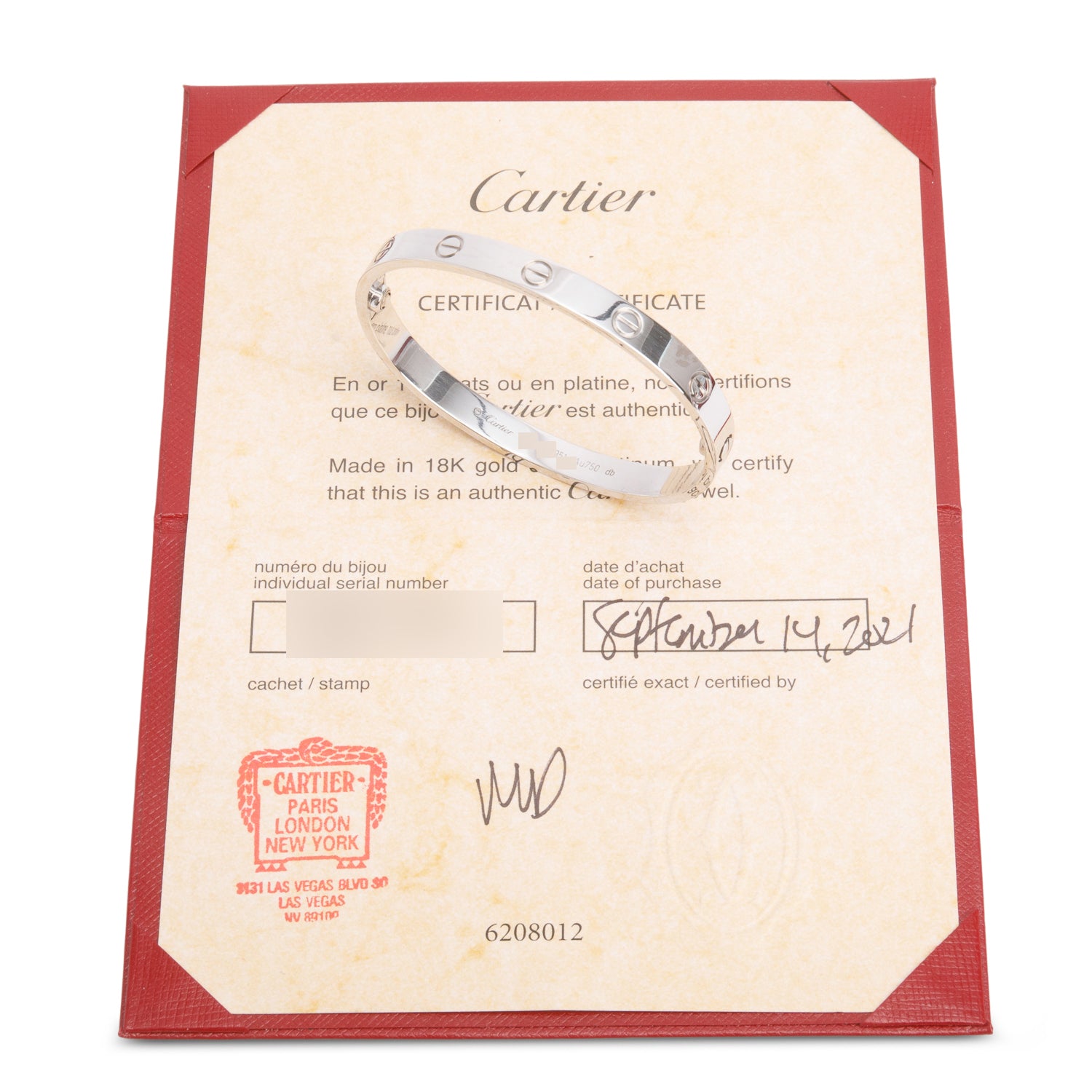 Cartier 2021 18k White Gold Love Bracelet, Classic Model, Size 17 w/ Certificate