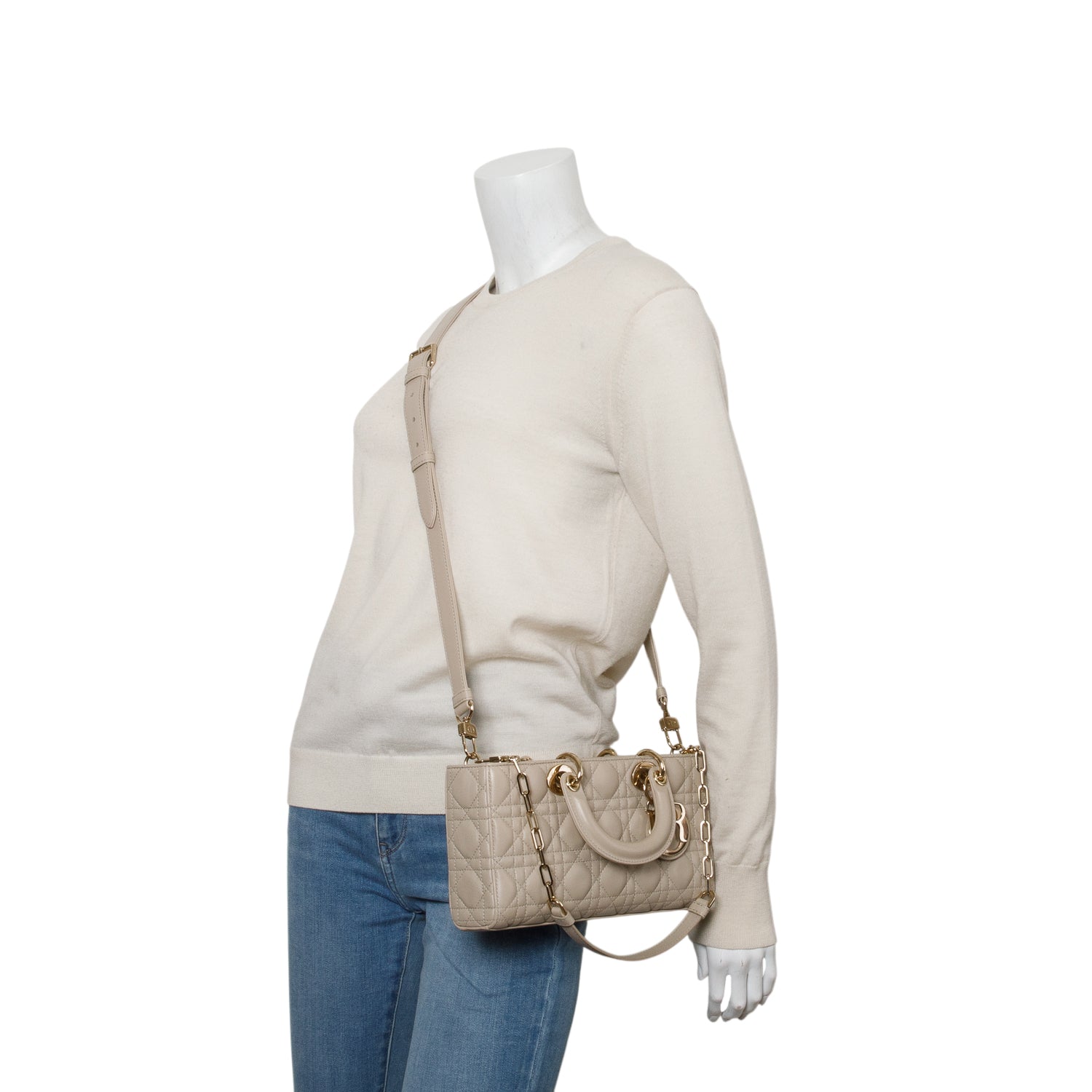 Christian Dior 2023 Beige Lambskin Cannage Medium Lady D-Joy w/ Box & Straps