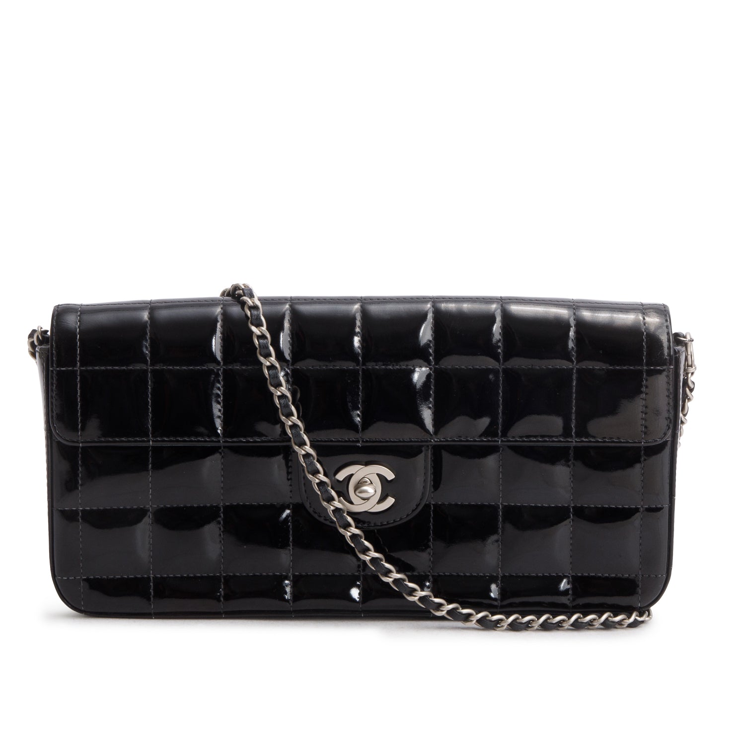 Chanel Black Patent Leather East West Chocolate Bar Flap