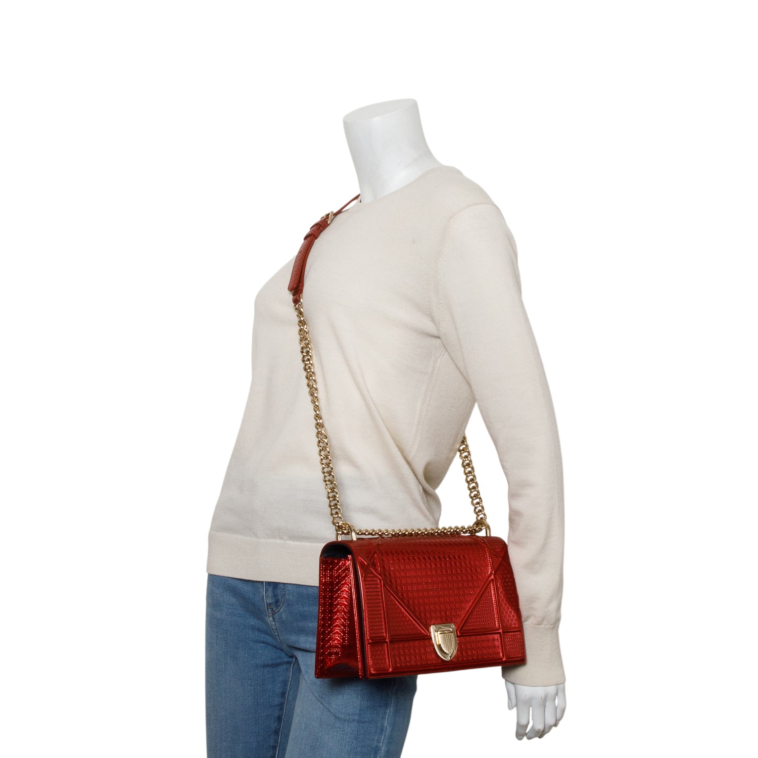 Christian Dior Red Metallic Patent Micro-Cannage Medium Diorama Flap Bag w/ Authenticity Card