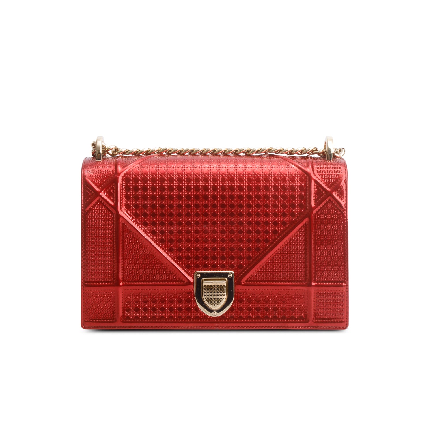 Christian Dior Red Metallic Patent Micro-Cannage Medium Diorama Flap Bag w/ Authenticity Card