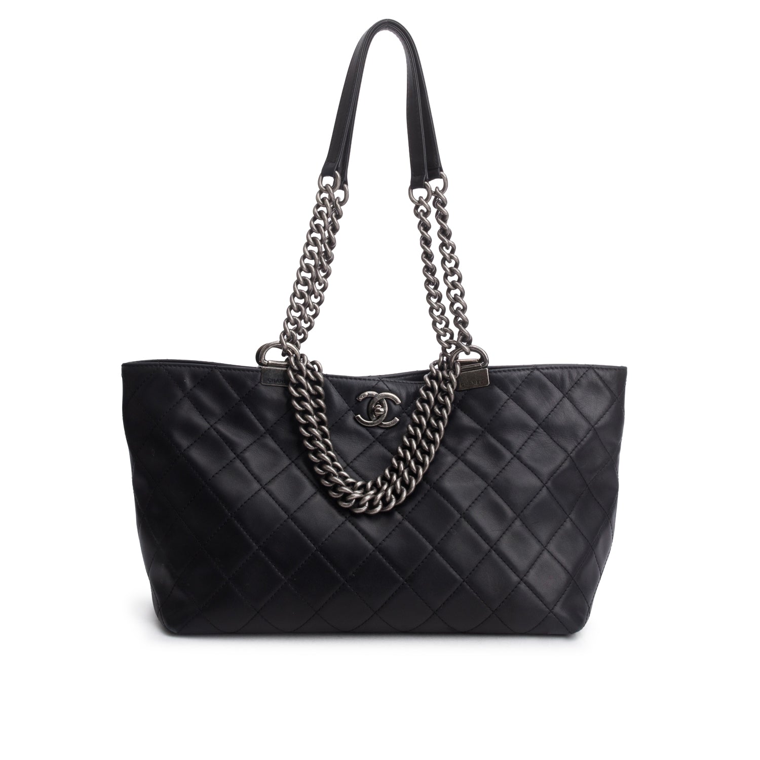 Chanel Black Calfskin Quilted Shopping in Chains Tote