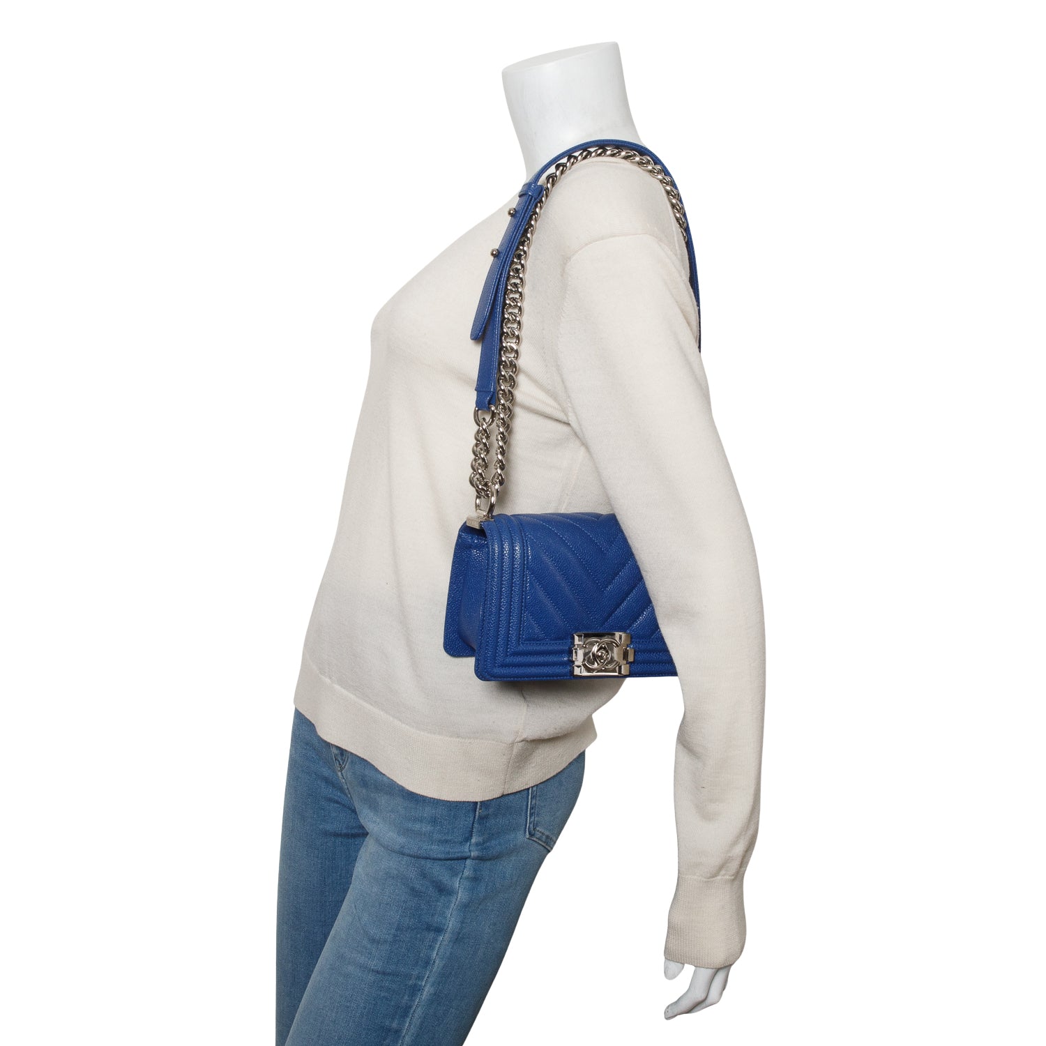 Chanel Blue Chevron Quilted Caviar Small Boy Bag w/ Authenticity Card