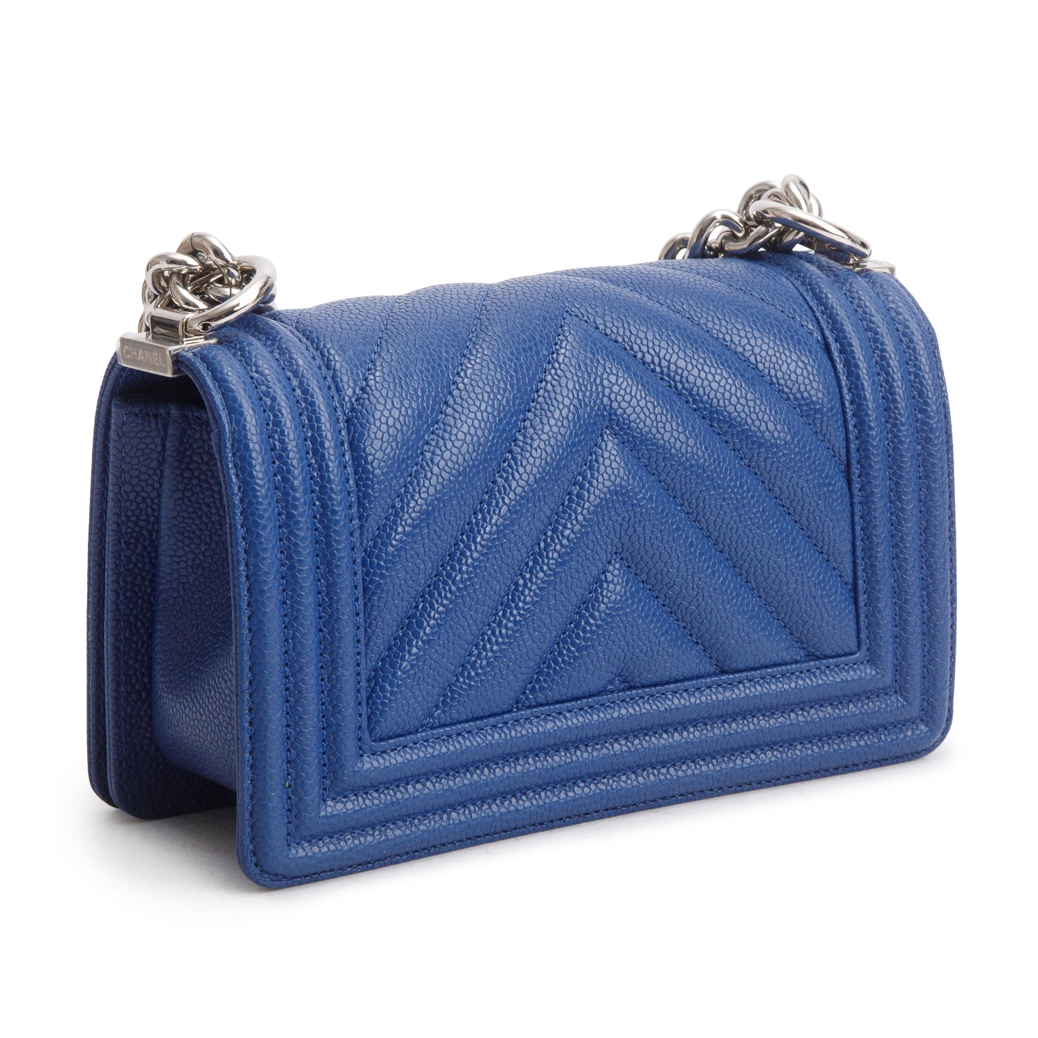 Chanel Blue Chevron Quilted Caviar Small Boy Bag w/ Authenticity Card