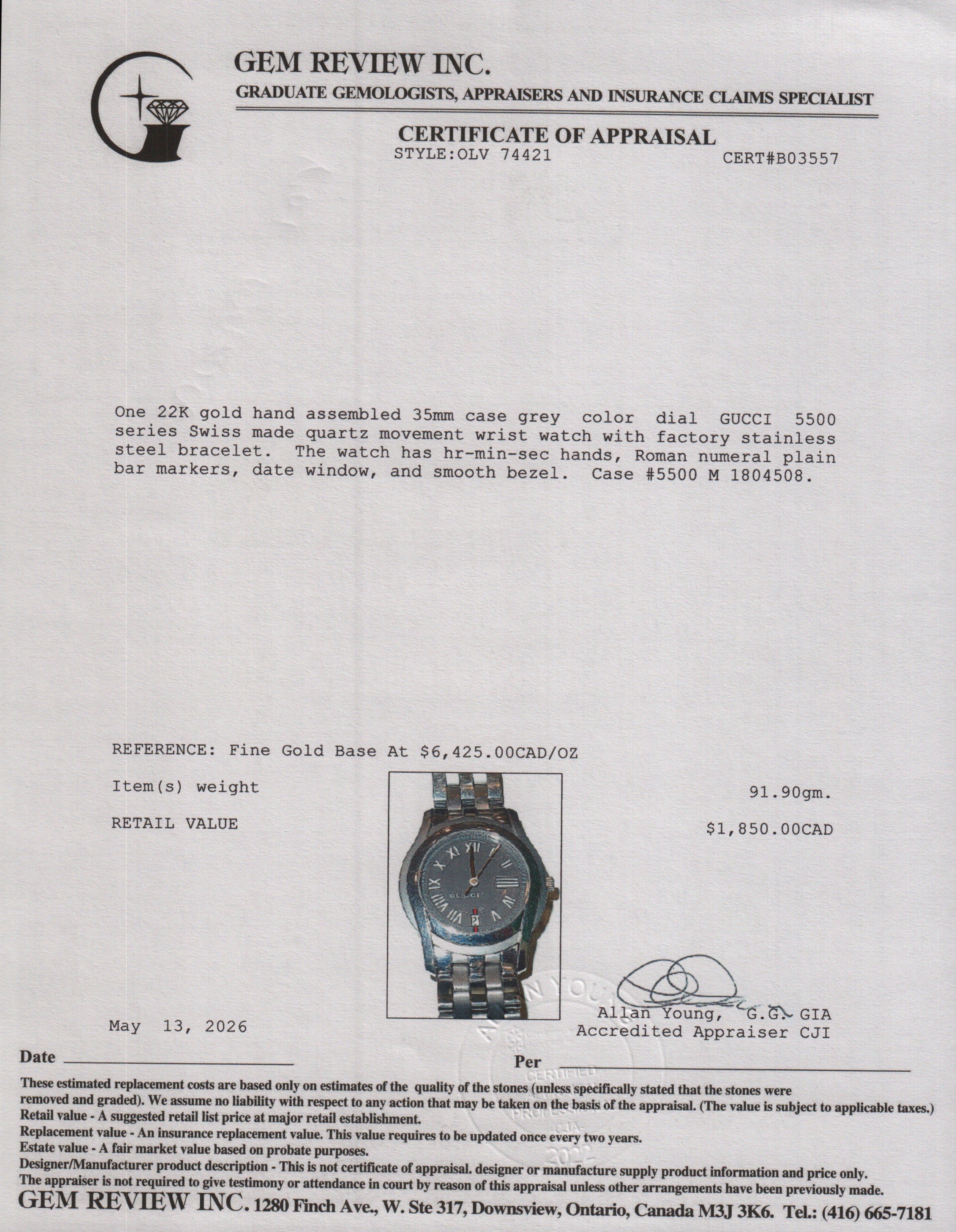 Gucci Stainless Steel 5500 Series 35 MM Quartz Watch w/ Box