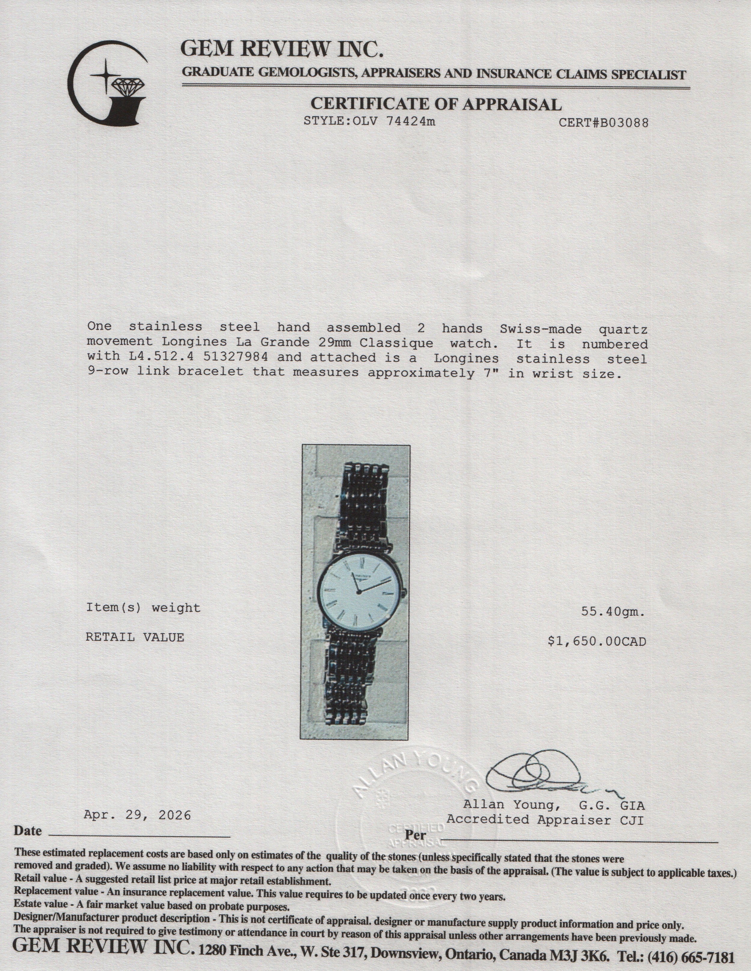 Longines Stainless Steel La Grande 29 MM Classique Watch White Dial w/ Box & Papers