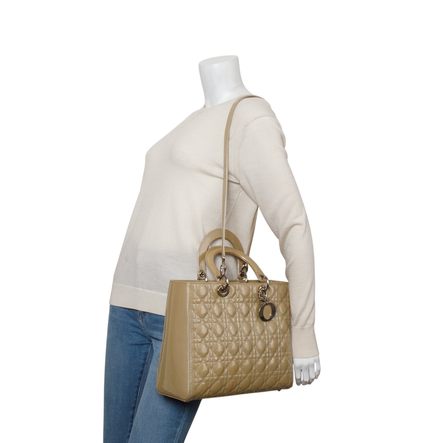 Christian Dior Beige Cannage Patent Leather Large Lady Dior w/ Strap