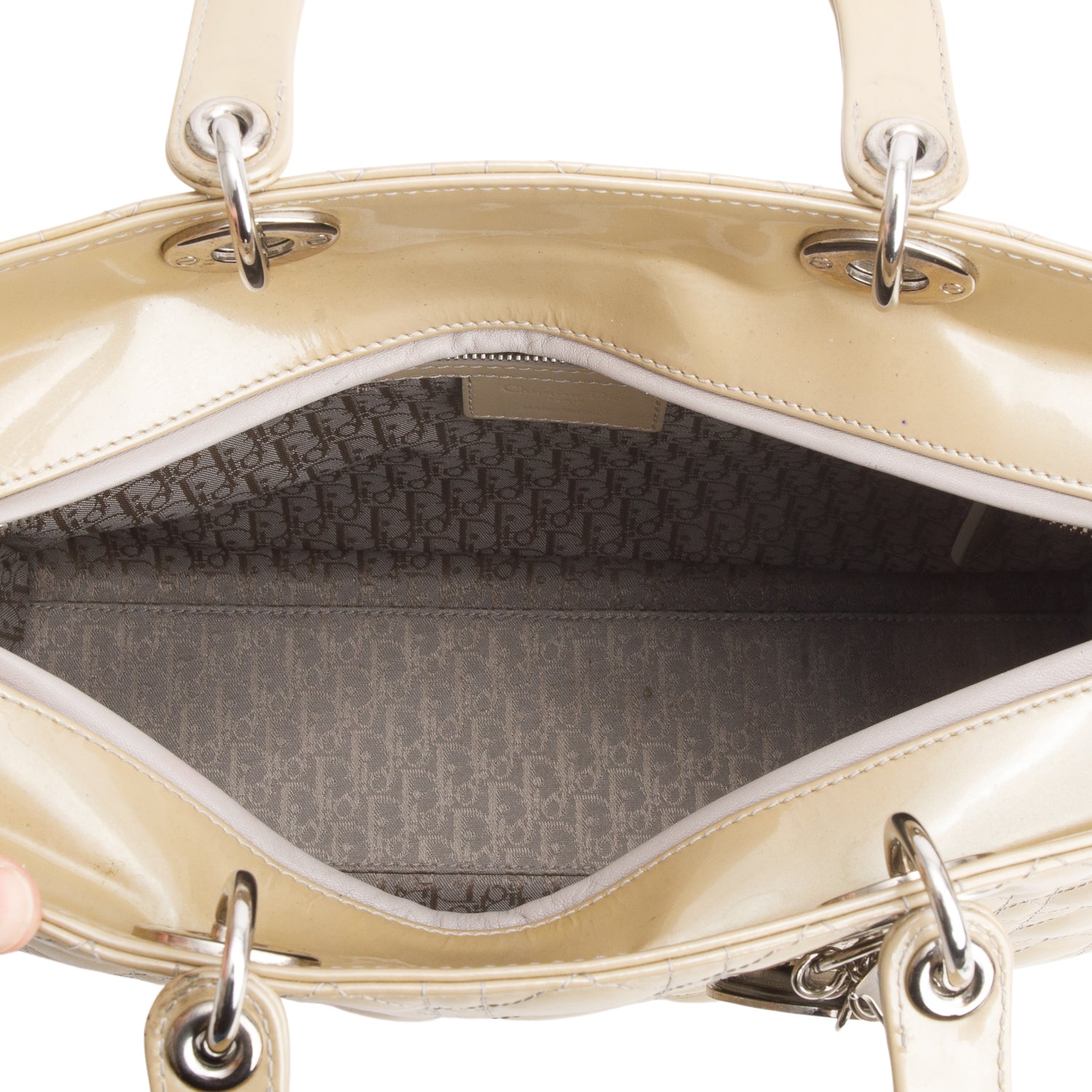 Christian Dior Beige Cannage Patent Leather Large Lady Dior w/ Strap