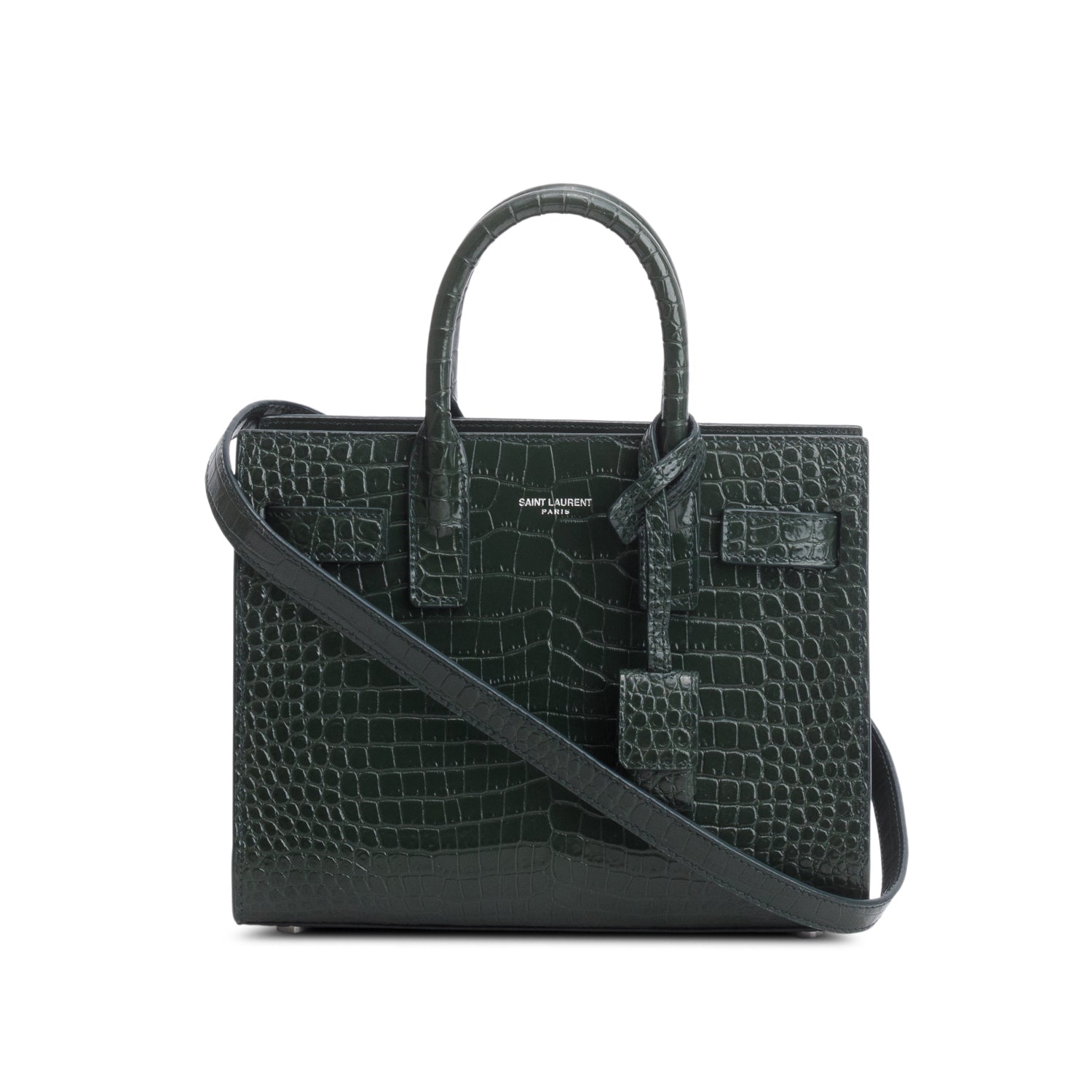 Saint Laurent 2022 Green Crocodile Embossed Leather Nano Sac De Jour w/ Strap