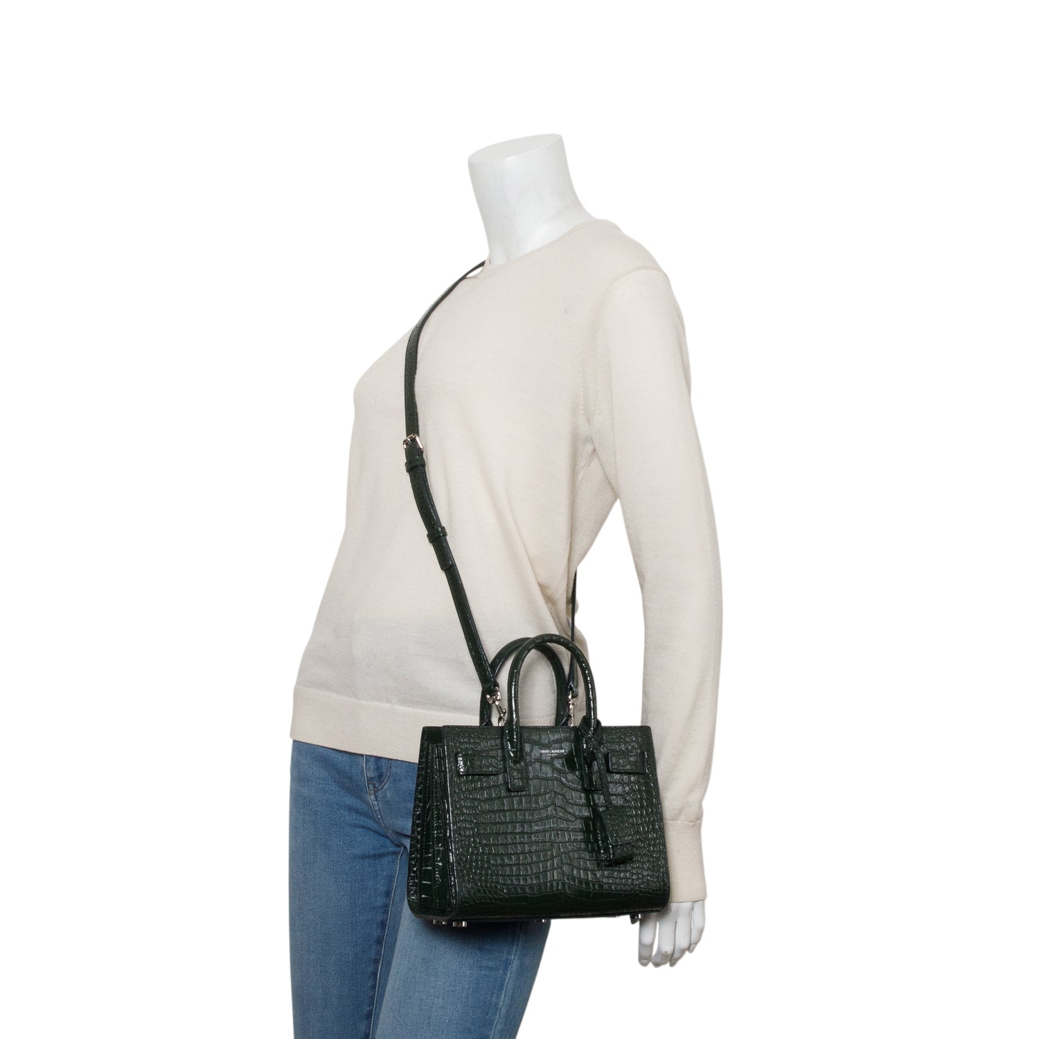 Saint Laurent 2022 Green Crocodile Embossed Leather Nano Sac De Jour w/ Strap
