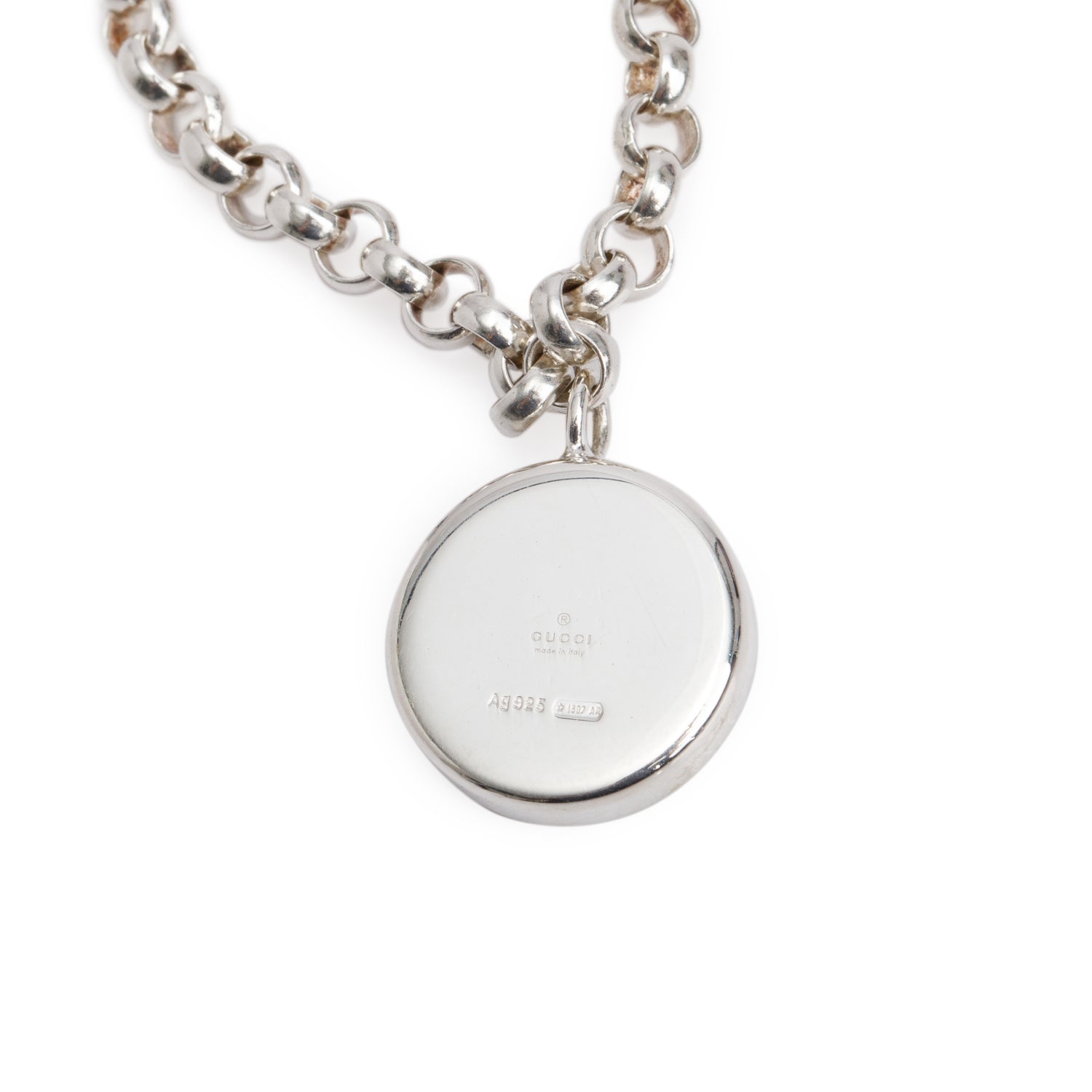 Gucci Sterling Silver Trademark Round Pendant Necklace w/ Box