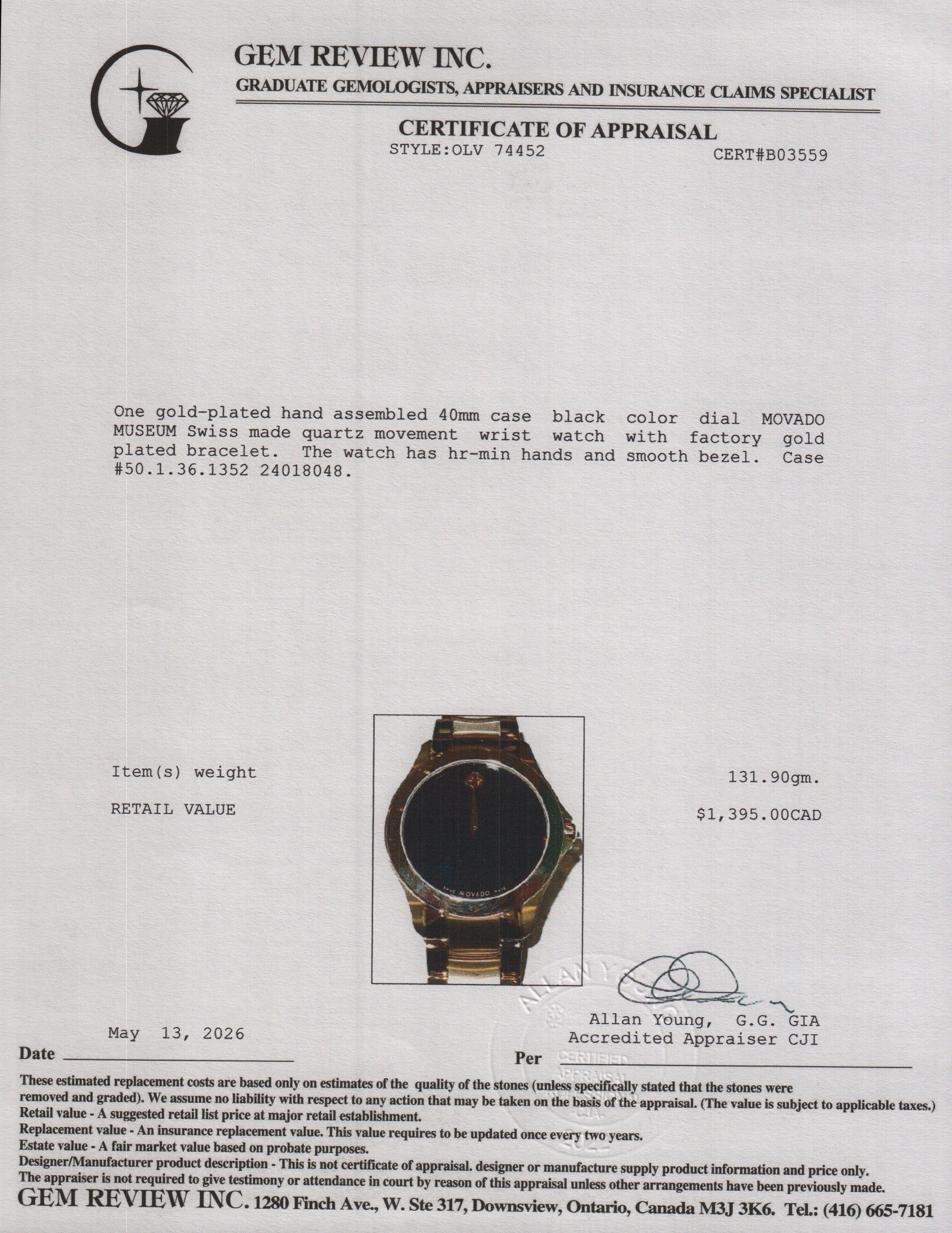 Movado 2022 Gold Plated Stainless Steel Museum 40 MM Quartz Watch Black Dial w/ Box & Papers