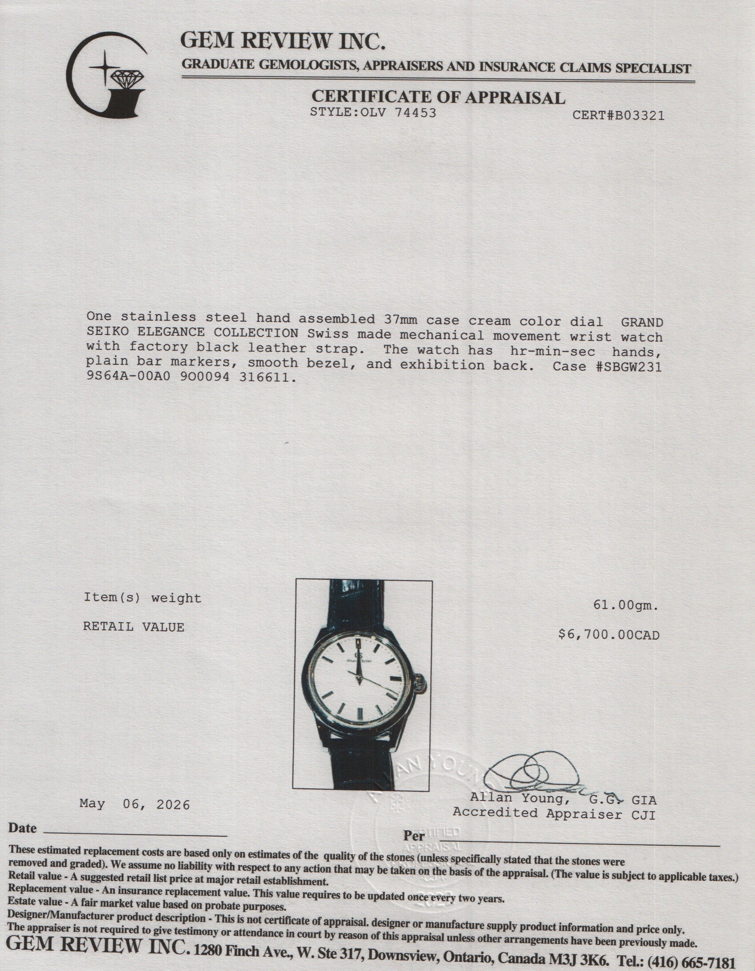 Grand Seiko 2021 Stainless Steel Elegance Collection 37 mm Manual Wind Watch Creme Dial w/ Box & Papers