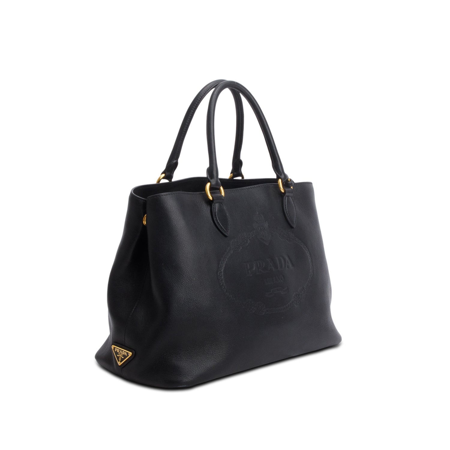 Prada Black Glace Calfskin Embossed Logo Tote w/ Strap