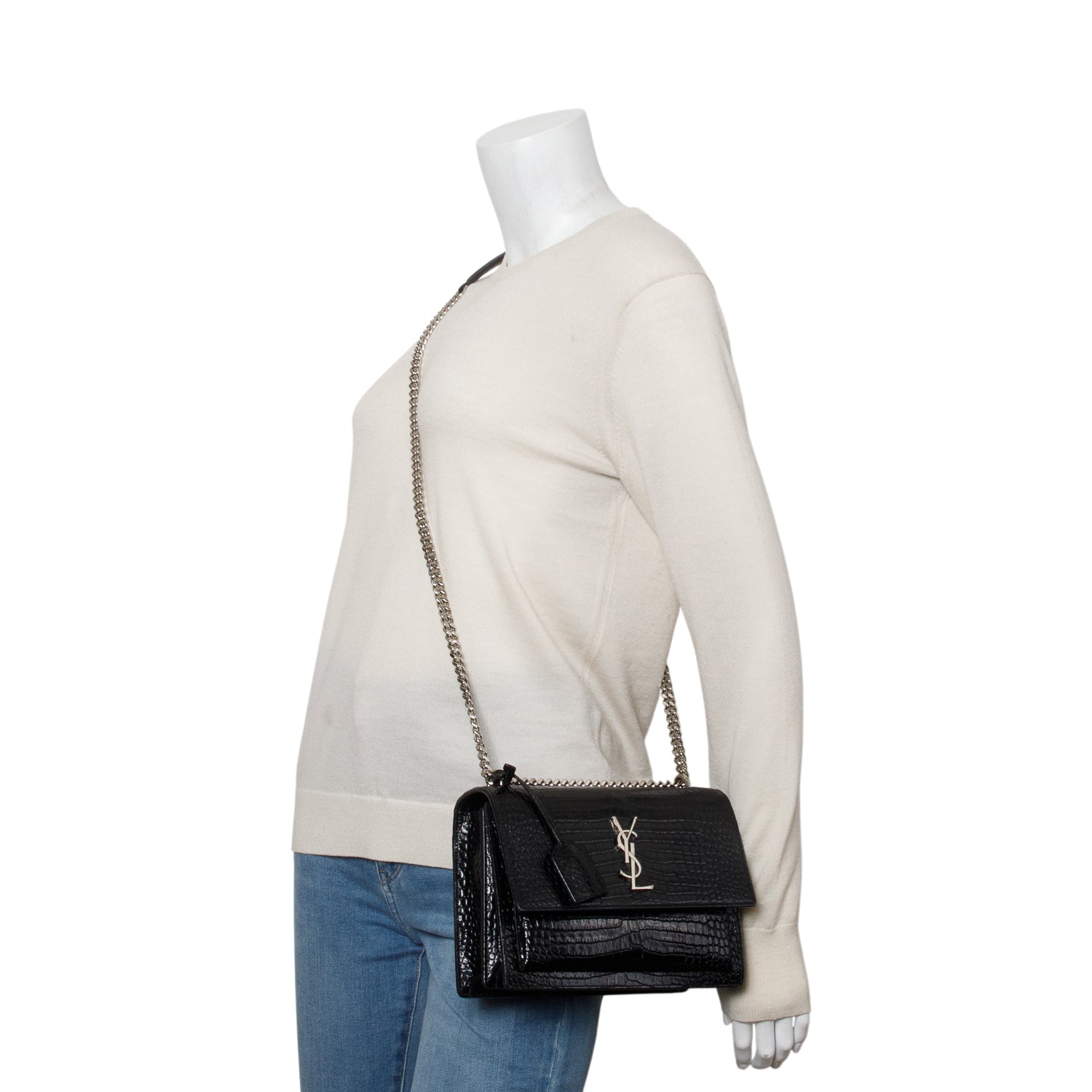 Saint Laurent Black Croc Embossed Calfskin Medium Sunset Bag
