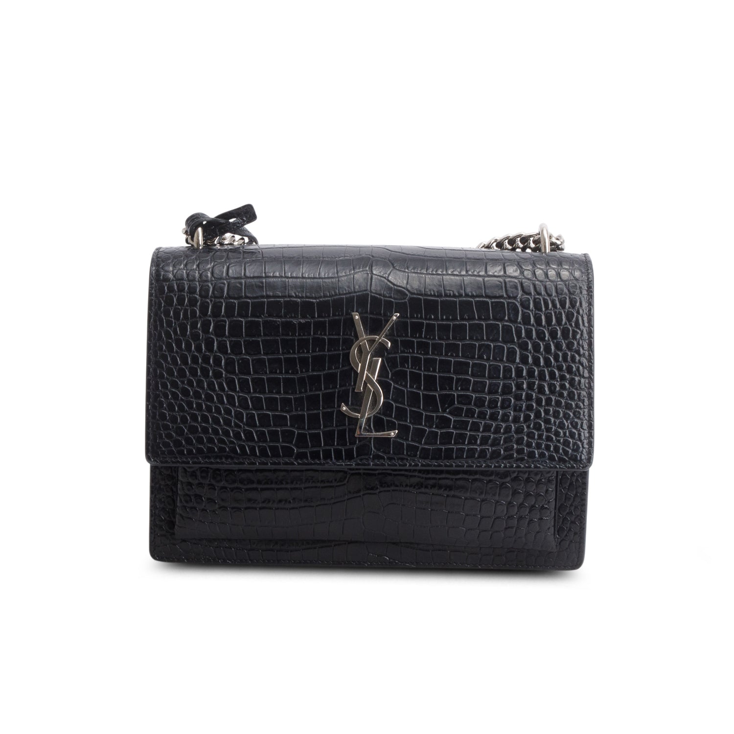 Saint Laurent Black Croc Embossed Calfskin Medium Sunset Bag