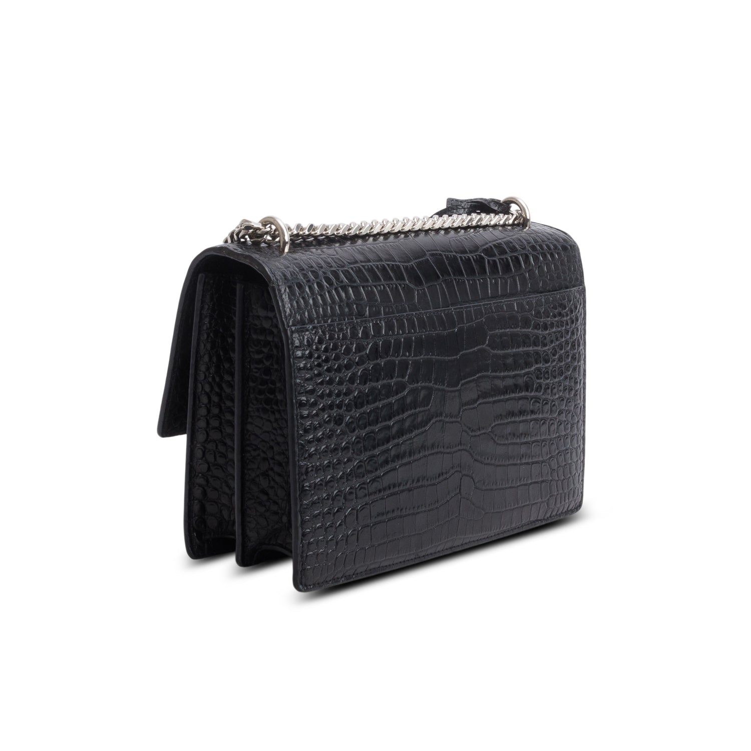 Saint Laurent Black Croc Embossed Calfskin Medium Sunset Bag