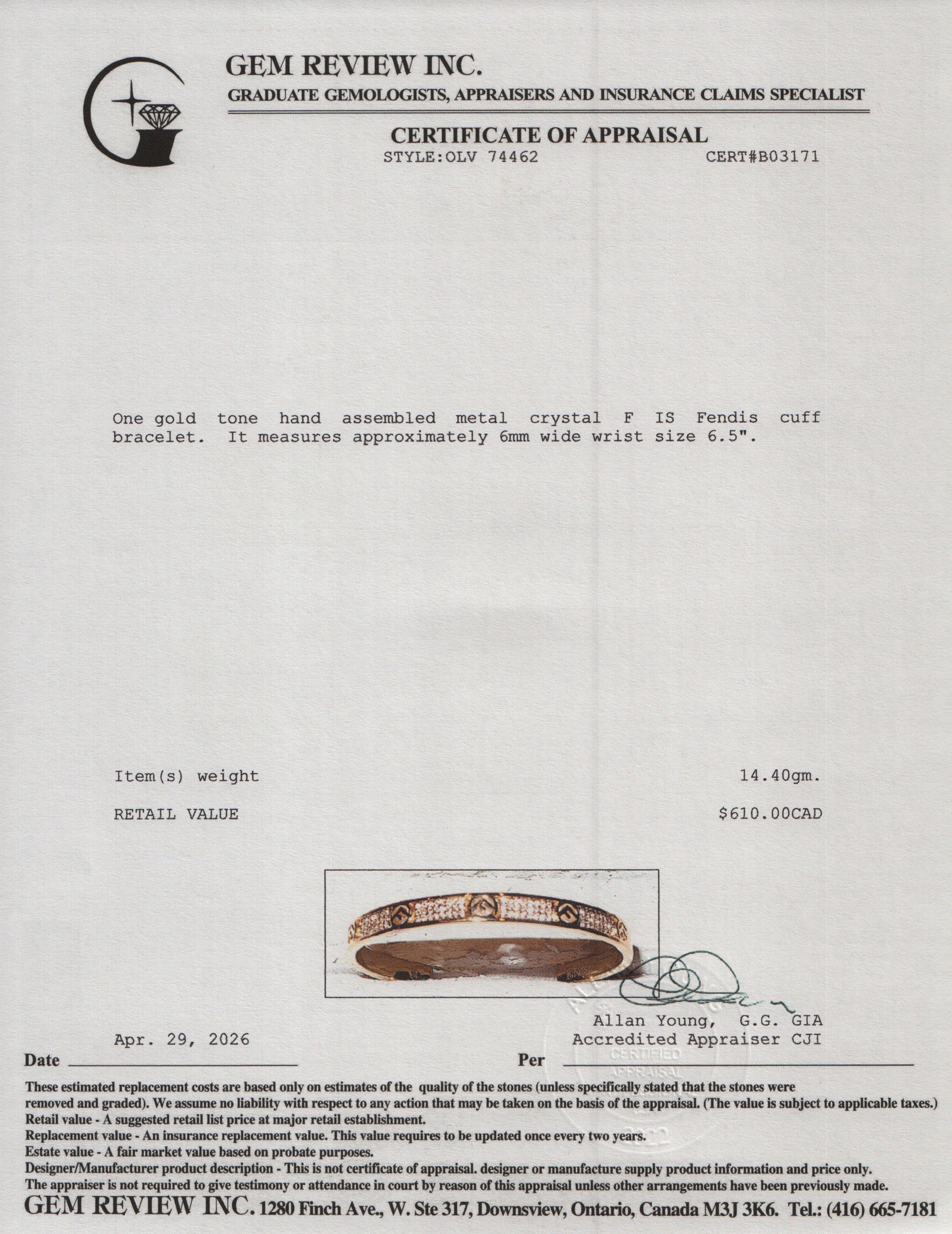 Fendi Gold-Tone Metal Crystal F Is Fendis Cuff Bracelet w/ Box
