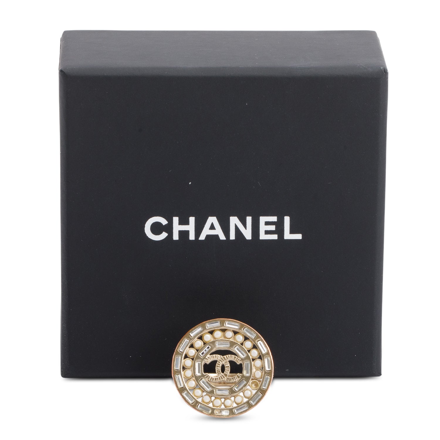 Chanel Gold Plated Faux Pearl & Strass CC Ring, Size 5.75 w/ Box