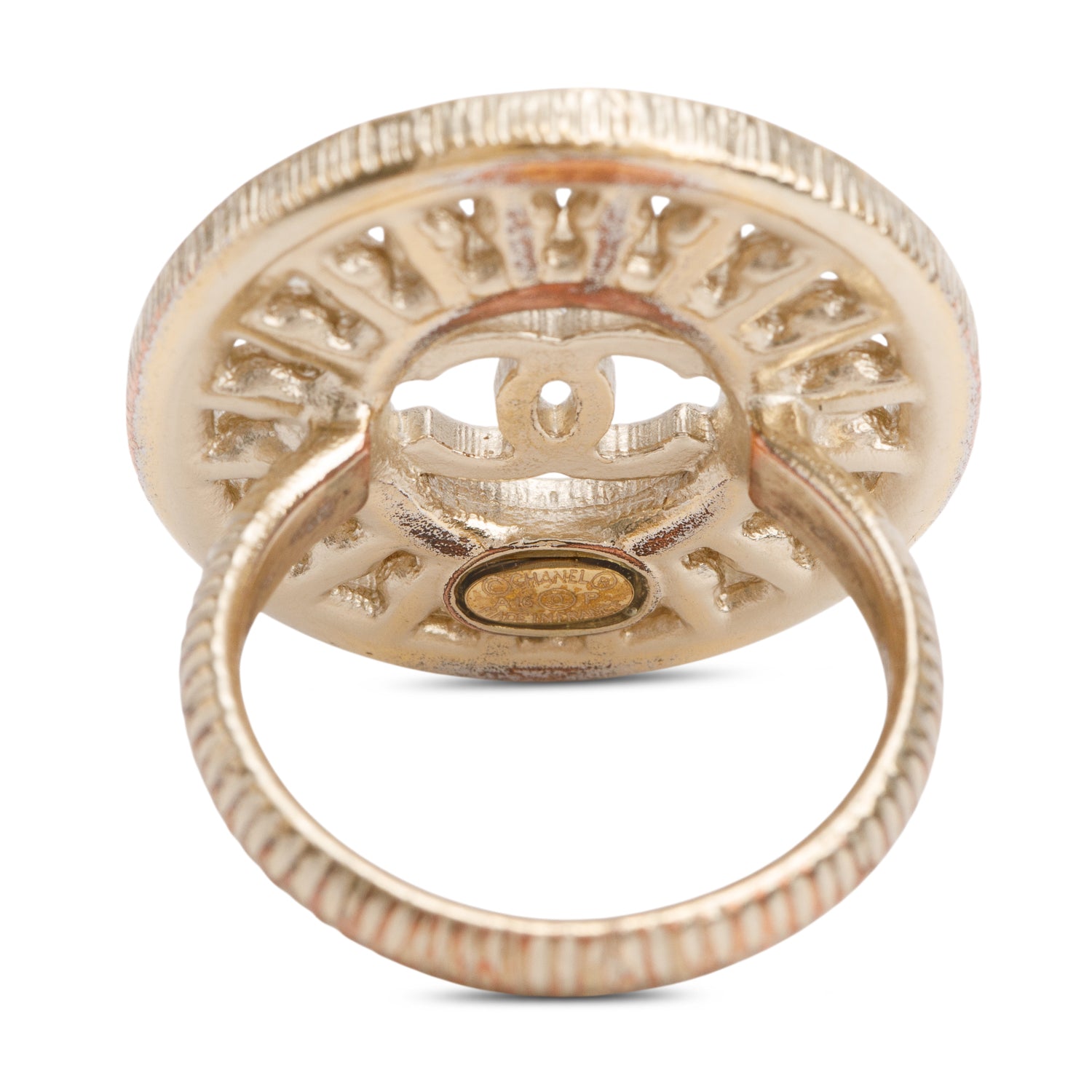 Chanel Gold Plated Faux Pearl & Strass CC Ring, Size 5.75 w/ Box