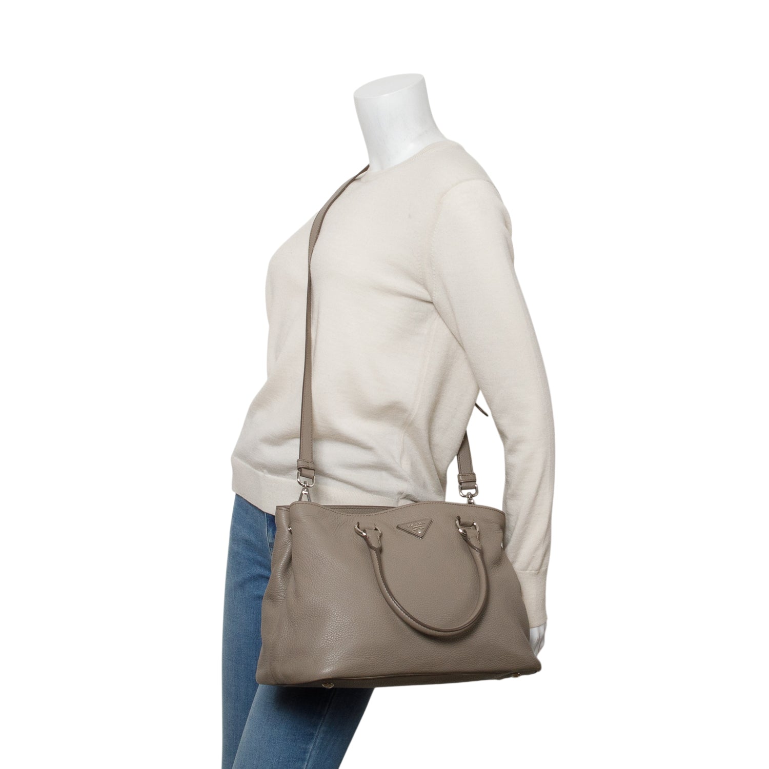 Prada Taupe Vitello Daino Convertible Tote w/ Strap