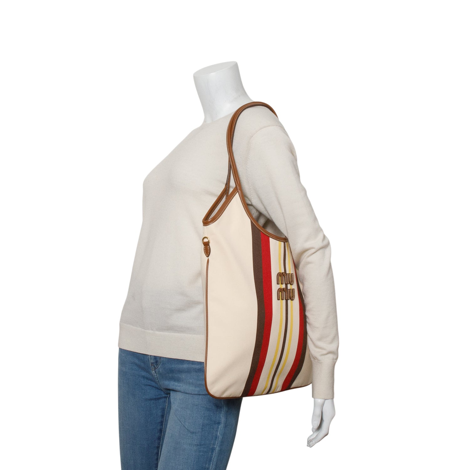 Miu Miu Cream Canvas Striped Ivy Tote