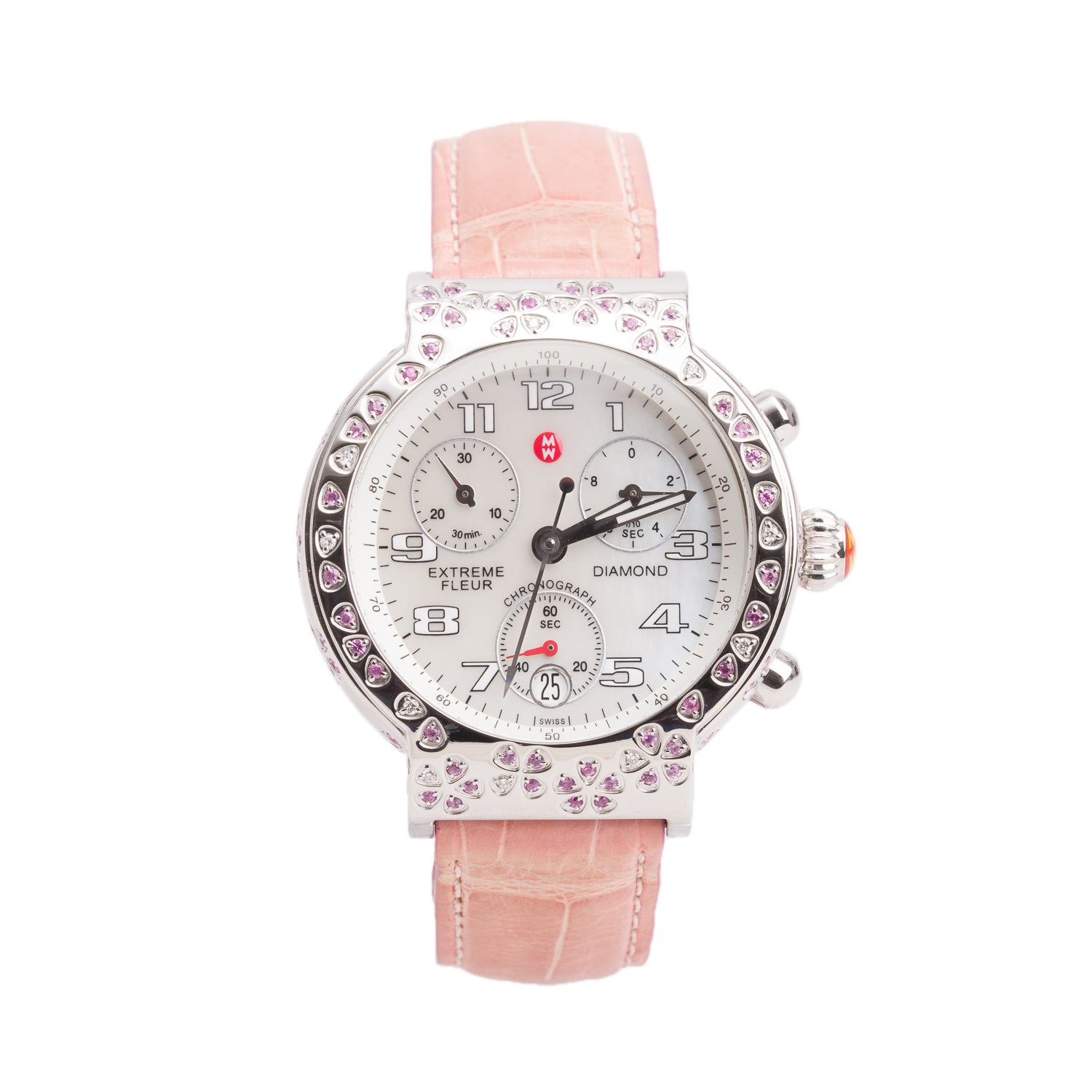 Michele Stainless Steel Diamond & Pink Sapphire Bezel Extreme Fleur 39 MM Chronograph Quartz Watch w/ Box & Papers