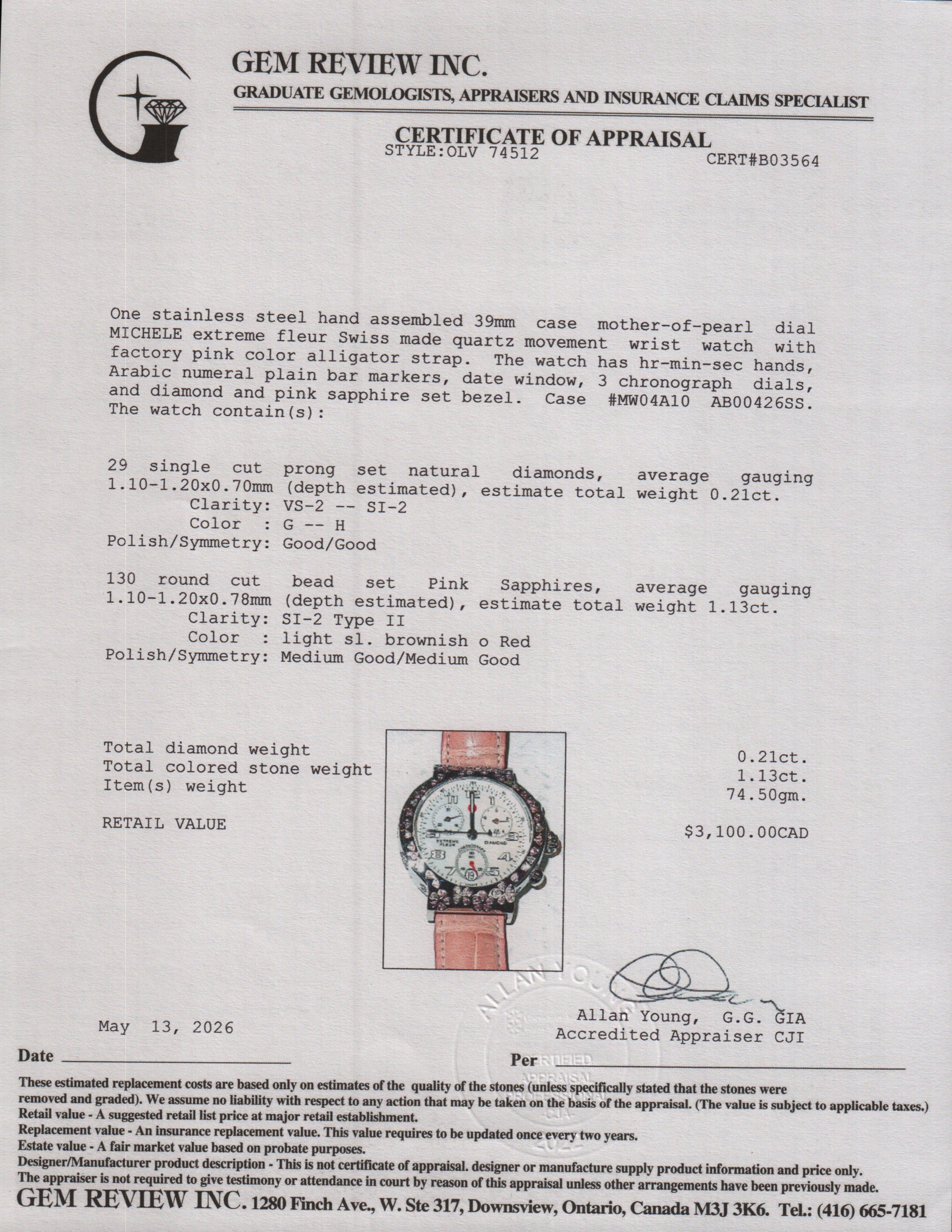 Michele Stainless Steel Diamond & Pink Sapphire Bezel Extreme Fleur 39 MM Chronograph Quartz Watch w/ Box & Papers