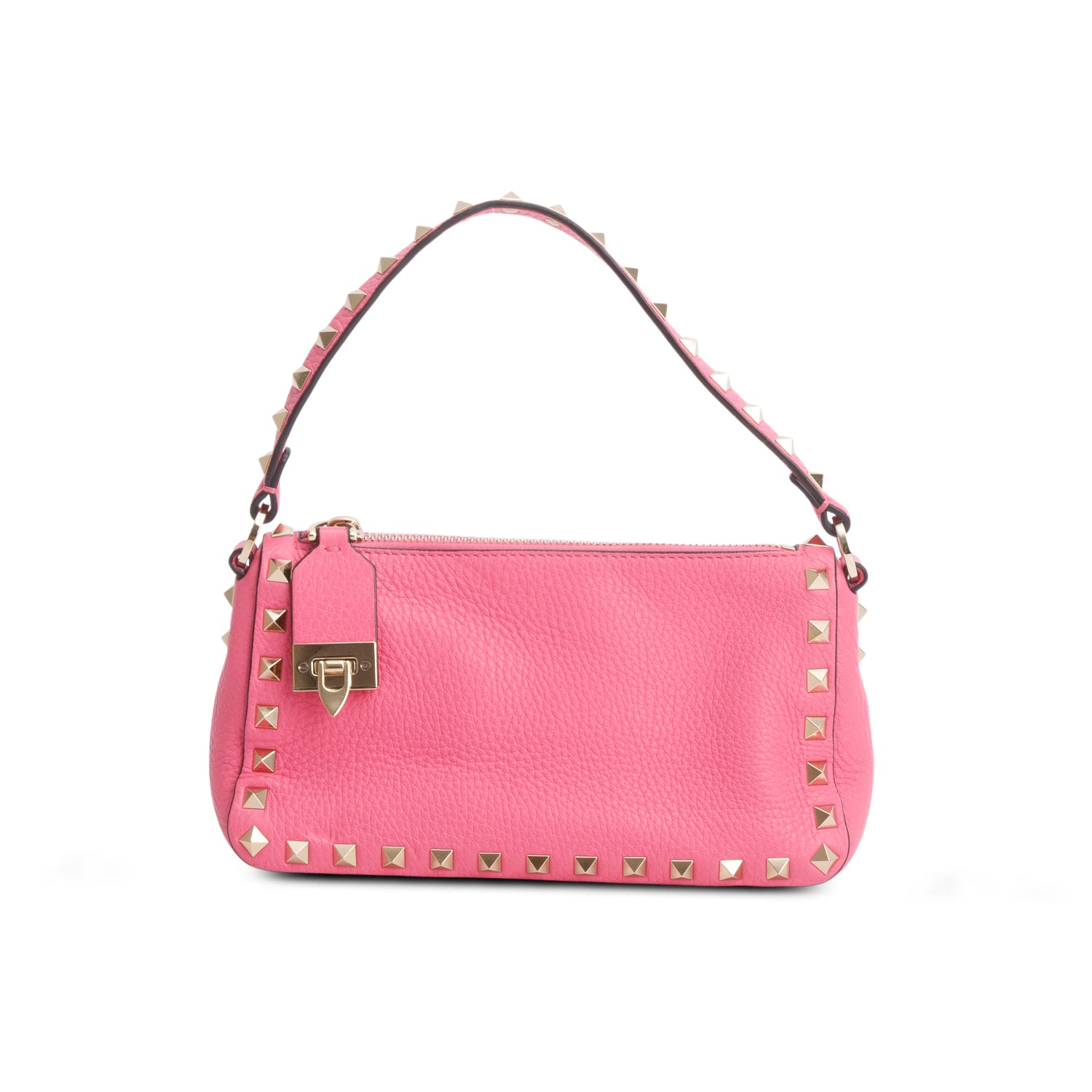 Valentino Pink Pebbled Calfskin Small Rockstud Flip Lock Shoulder Bag w/ Strap