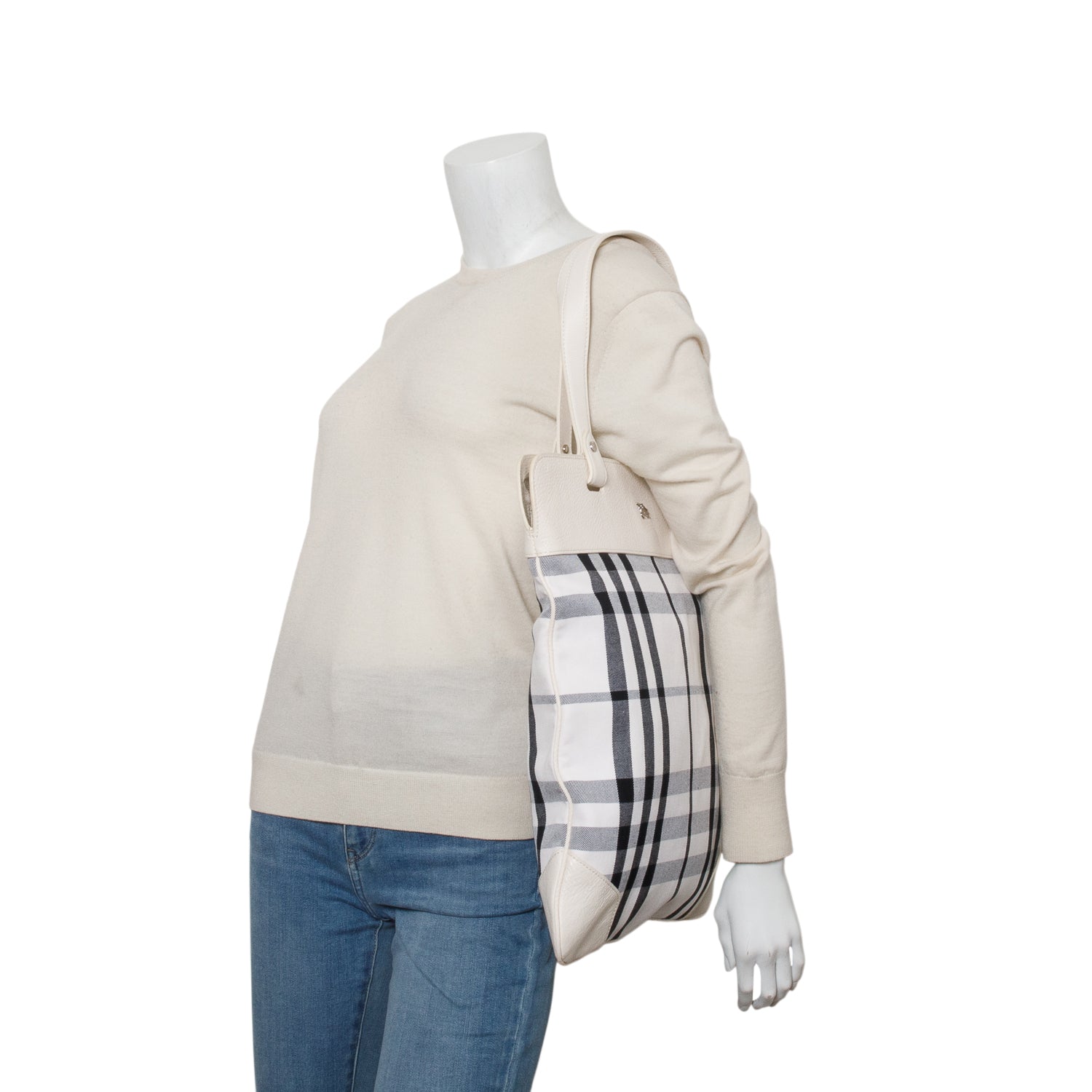 Burberry White Check Canvas Stowell Roll-Up Tote