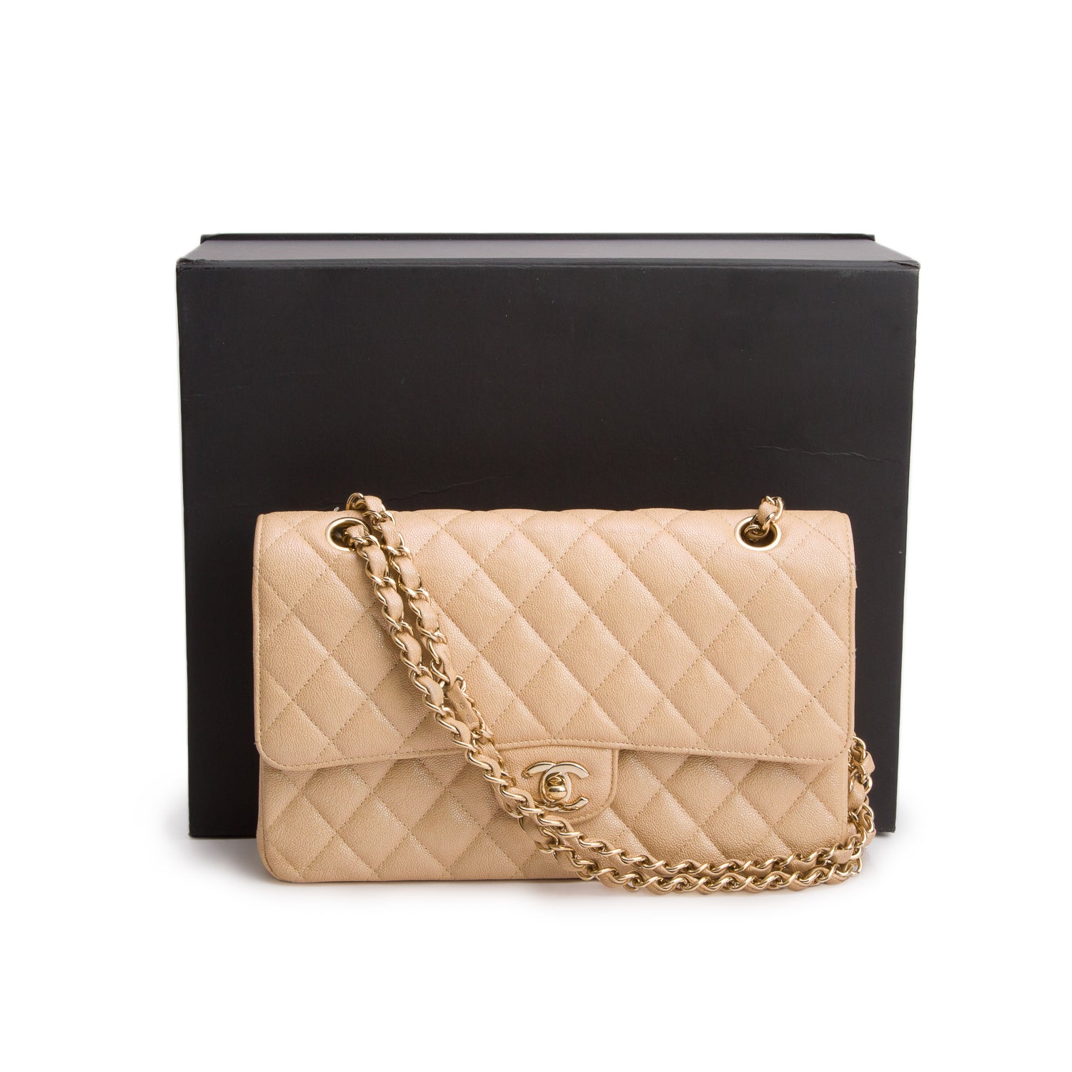 Chanel Beige Iridescent Caviar Leather Classic Medium Double Flap Bag w/ Box