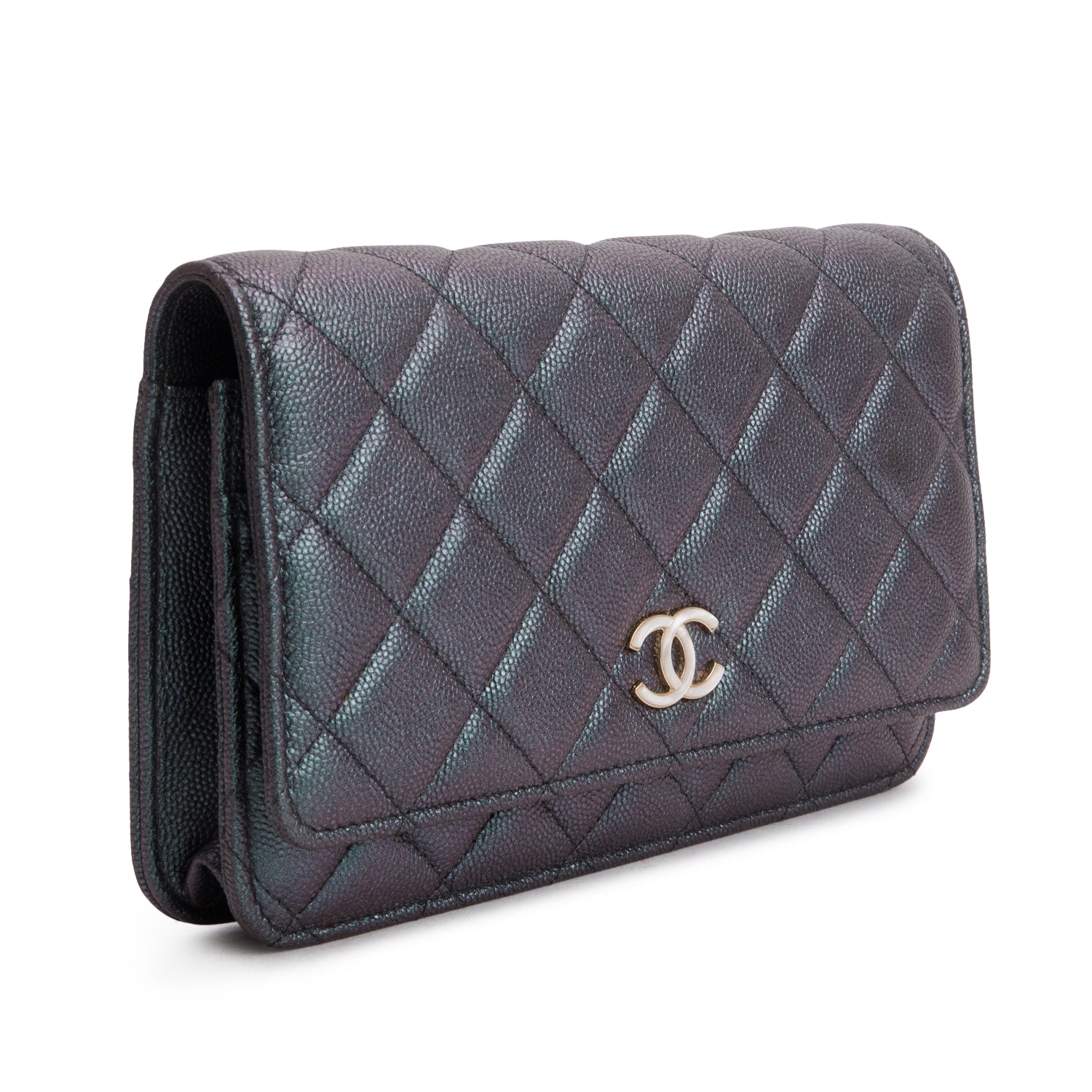 Chanel Blue Iridescent Caviar Quilted Classic Wallet on Chain w/ Authenticity Card