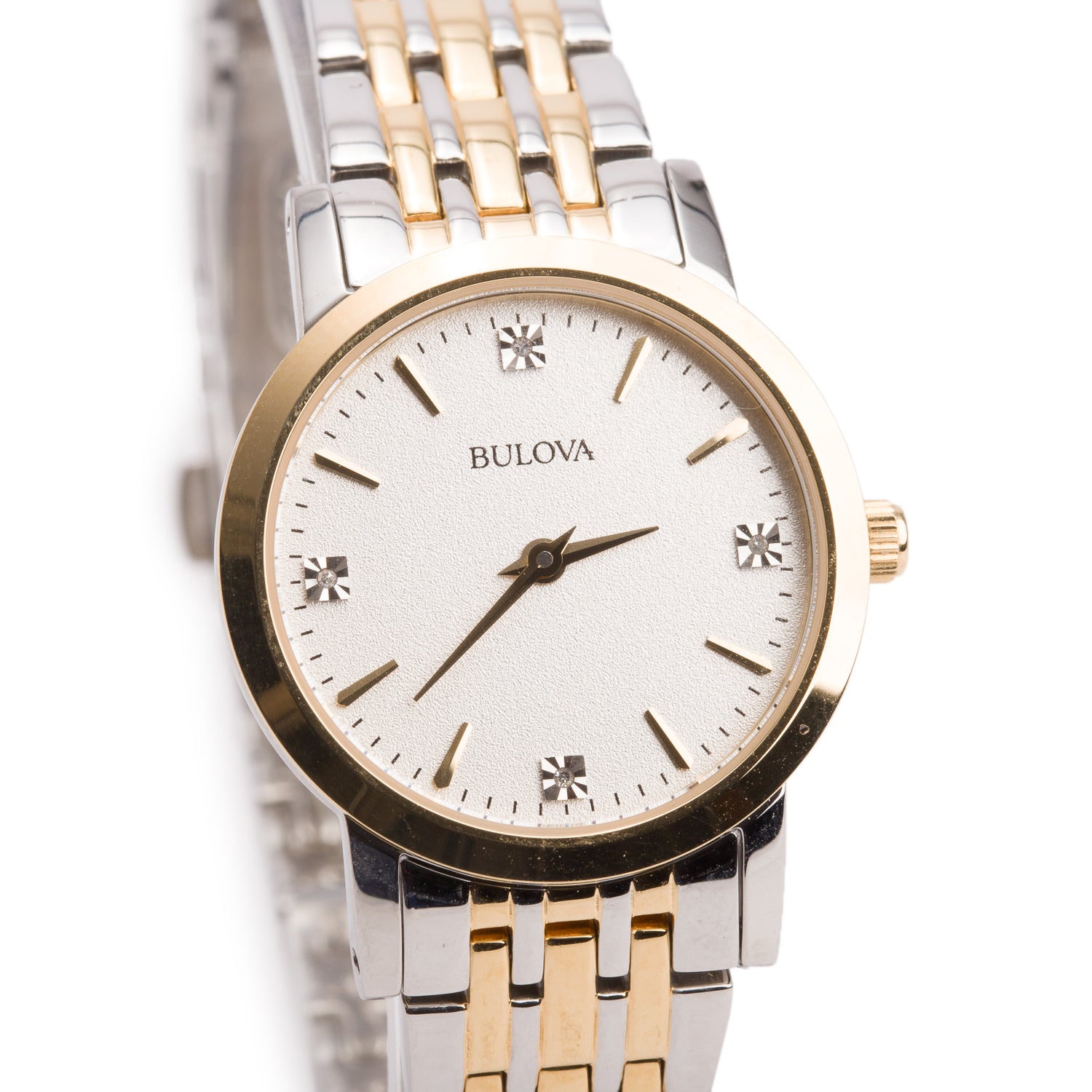 Bulova Two-Tone Stainless Steel Casual 27 MM Quartz Watch Silver Diamond Dial 98P115 w/ Box
