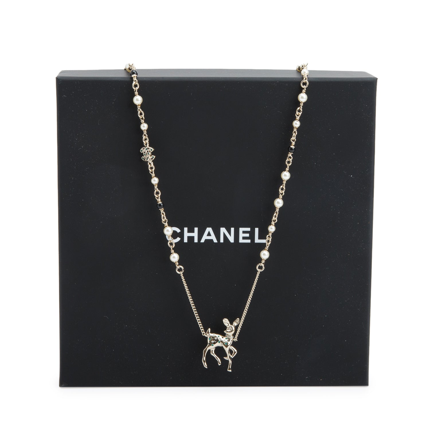Chanel 2026 Gold-Plated Metal Strass CC Faux Pearl Raindeer Pendant Necklace w/ Box