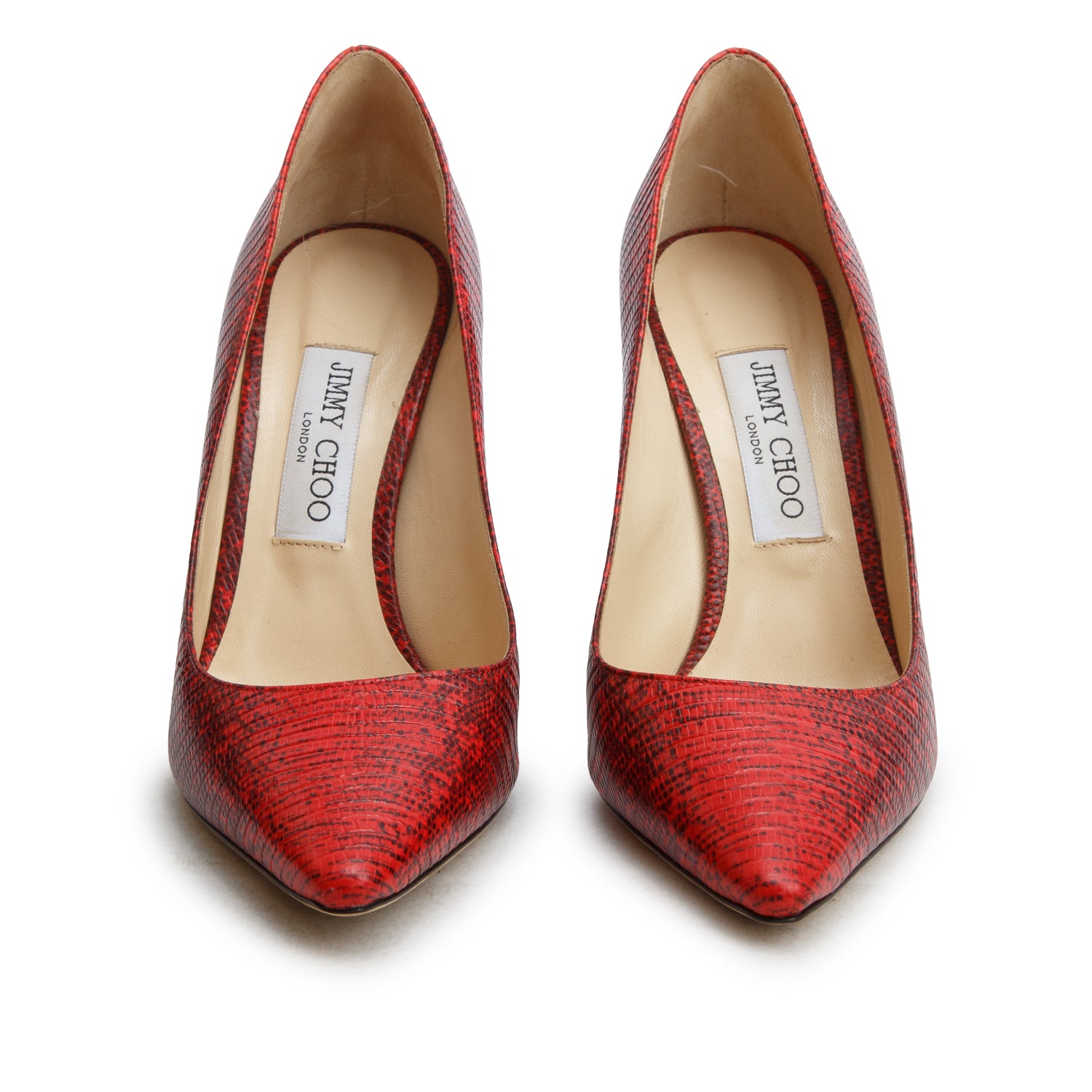 Jimmy Choo Red Lizard Print Leather Romy 100 Pumps, Women's Size 38.5 w/ Box