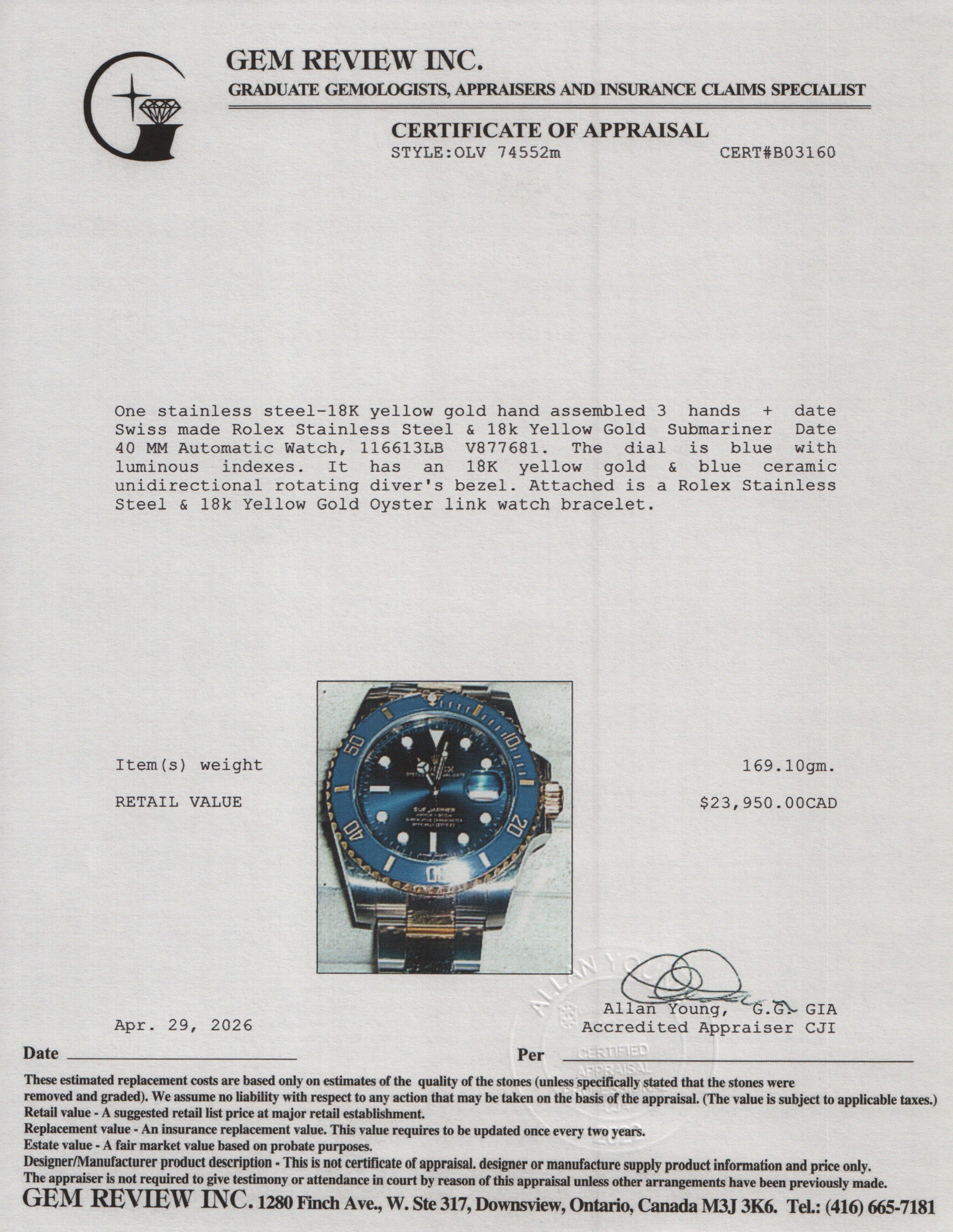 Rolex Stainless Steel & 18k Yellow Gold Submariner Date 40 MM Automatic Watch Blue Dial 116613LB w/ Box & Papers