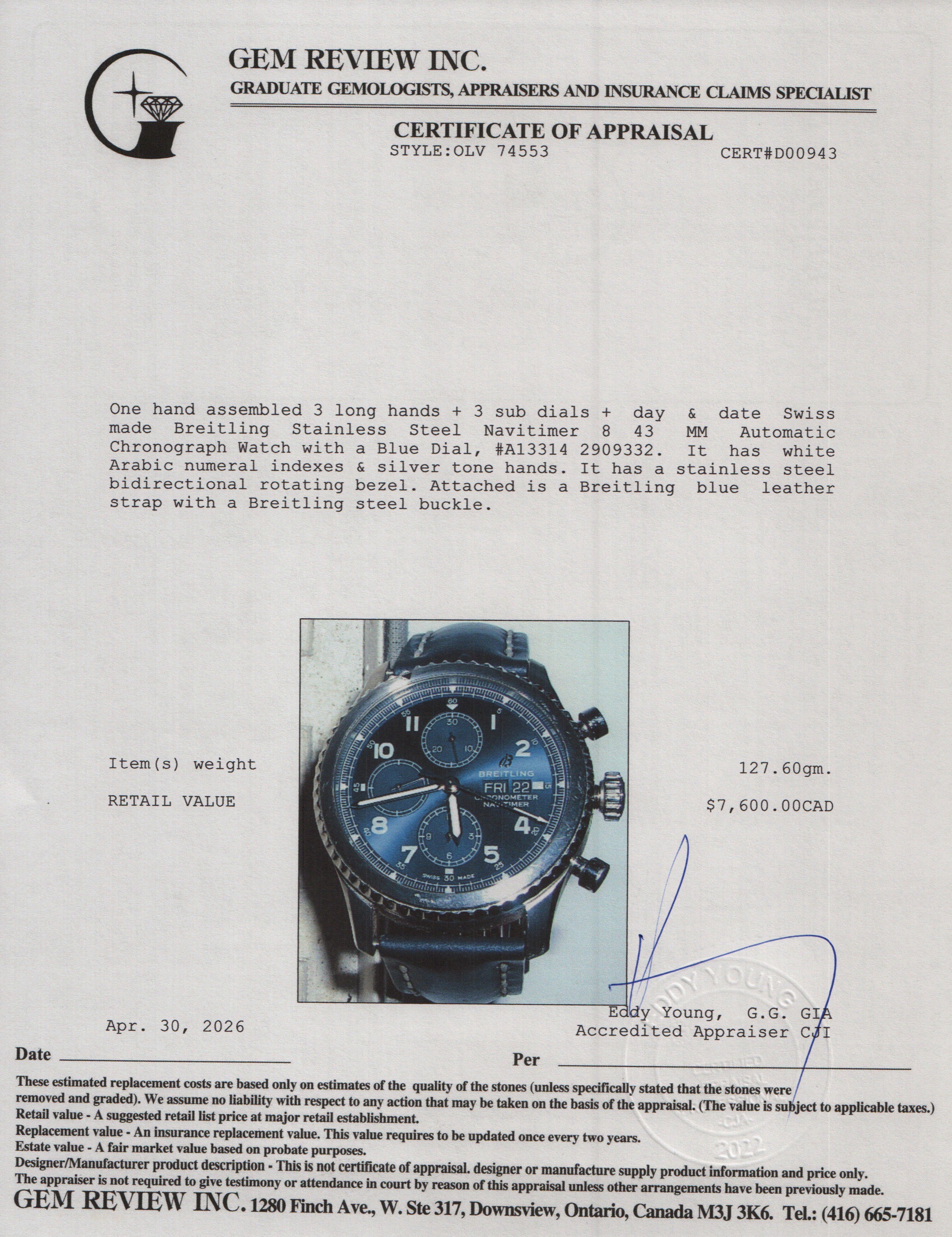 Breitling Stainless Steel Navitimer 8 43 MM Automatic Chronograph Watch Blue Dial A13314