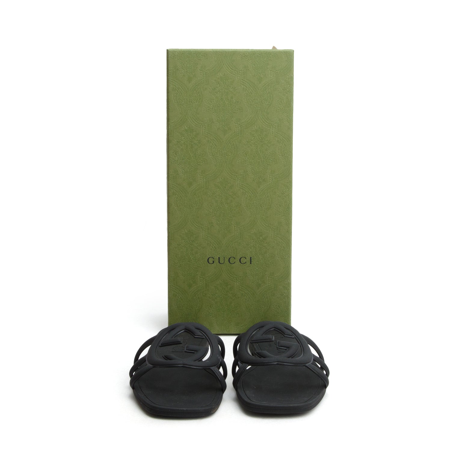 Gucci Black Rubber Interlocking G Cutout Flat Slide Sandals, Women's Size 37 w/ Box
