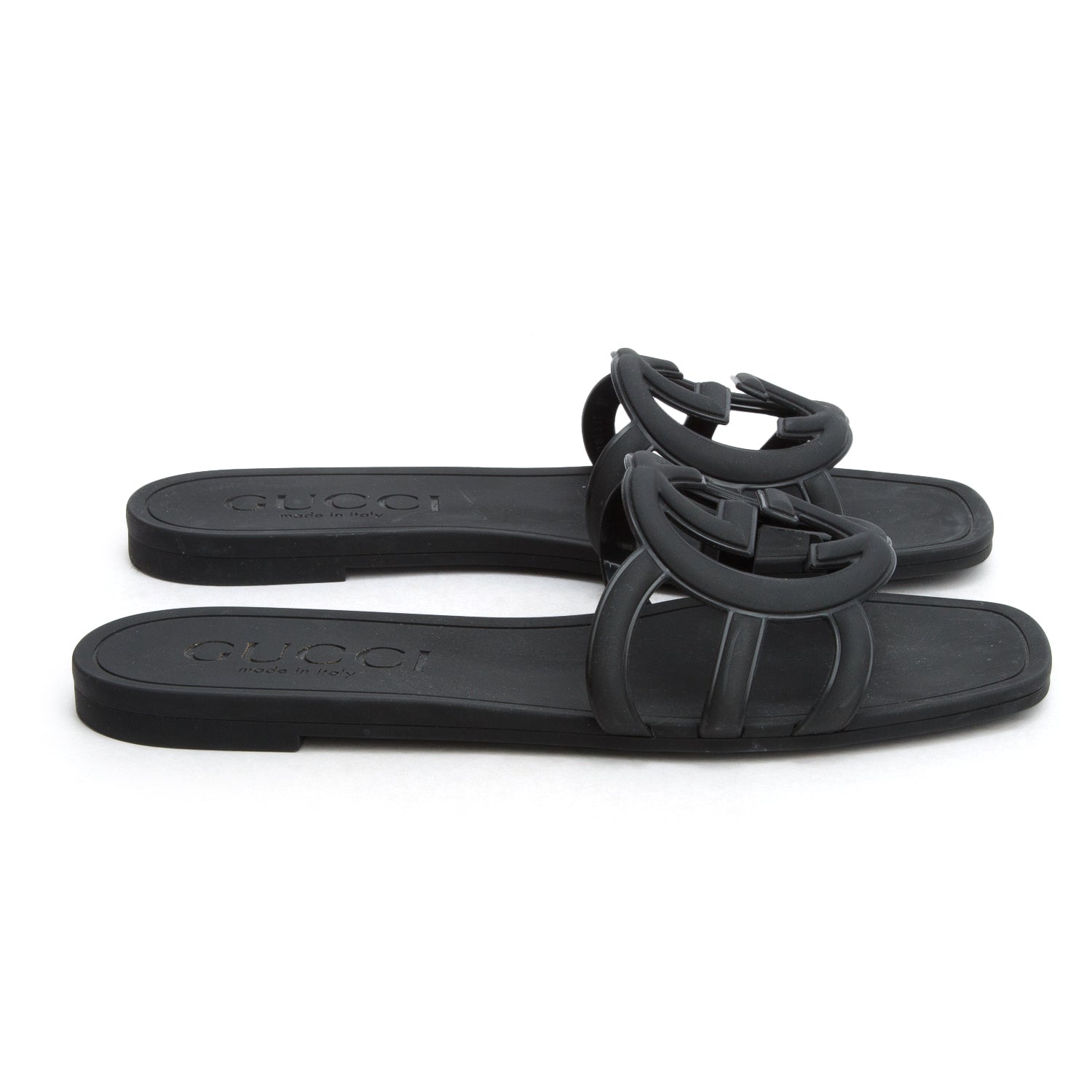 Gucci Black Rubber Interlocking G Cutout Flat Slide Sandals, Women's Size 37 w/ Box