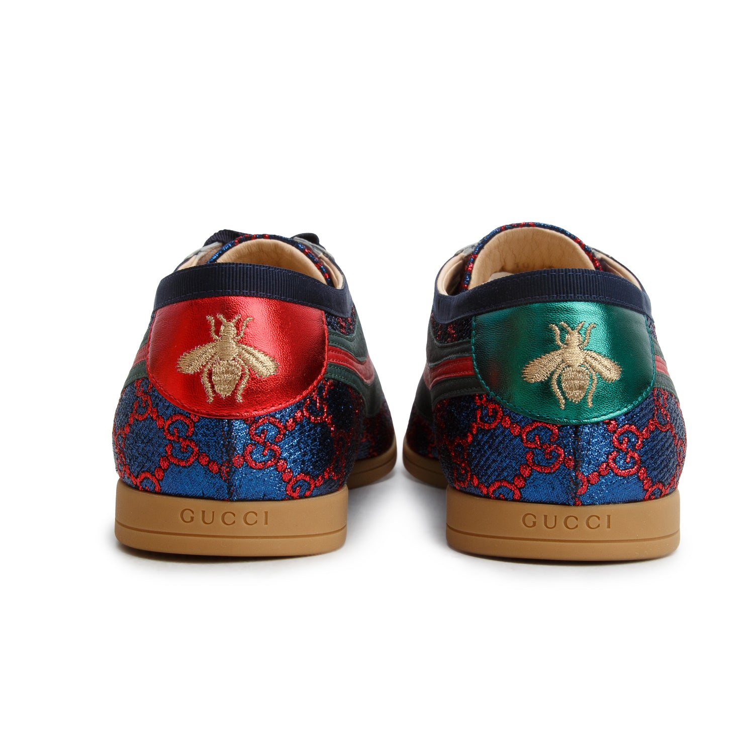 Gucci Iridescent Blue Red Lurex Calfskin Web GG Monogram Falacer Sneakers, Men's Size 10 w/ Box
