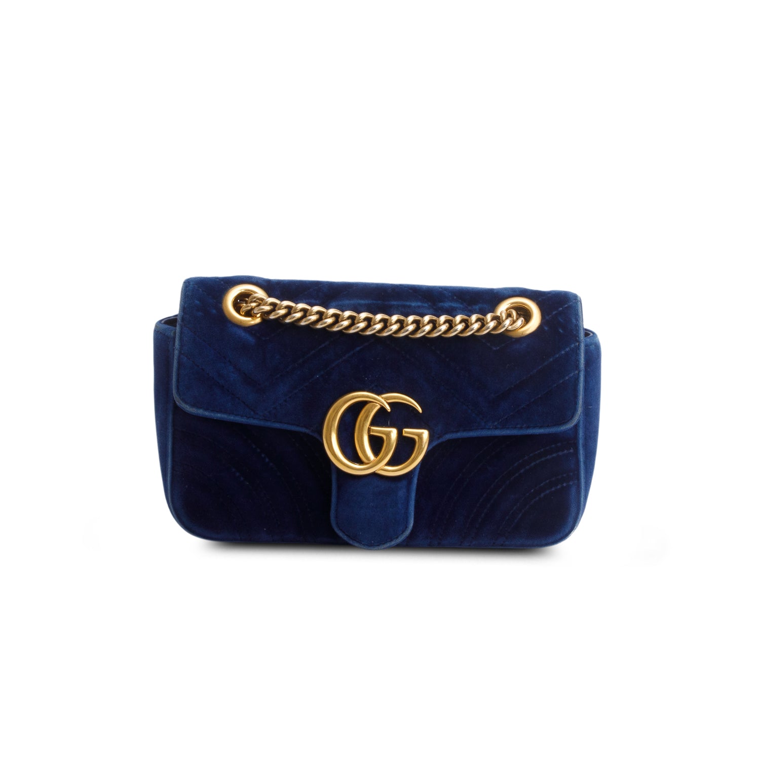 Gucci Blue Velvet Matelasse Small GG Marmont Shoulder Bag