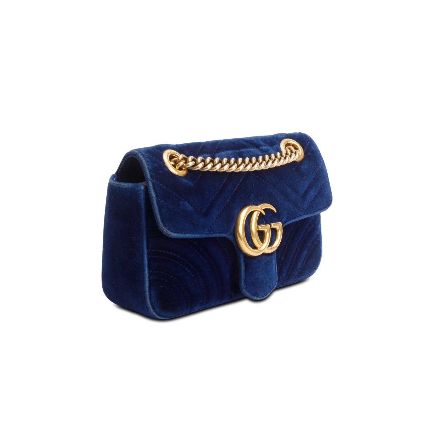 Gucci Blue Velvet Matelasse Small GG Marmont Shoulder Bag