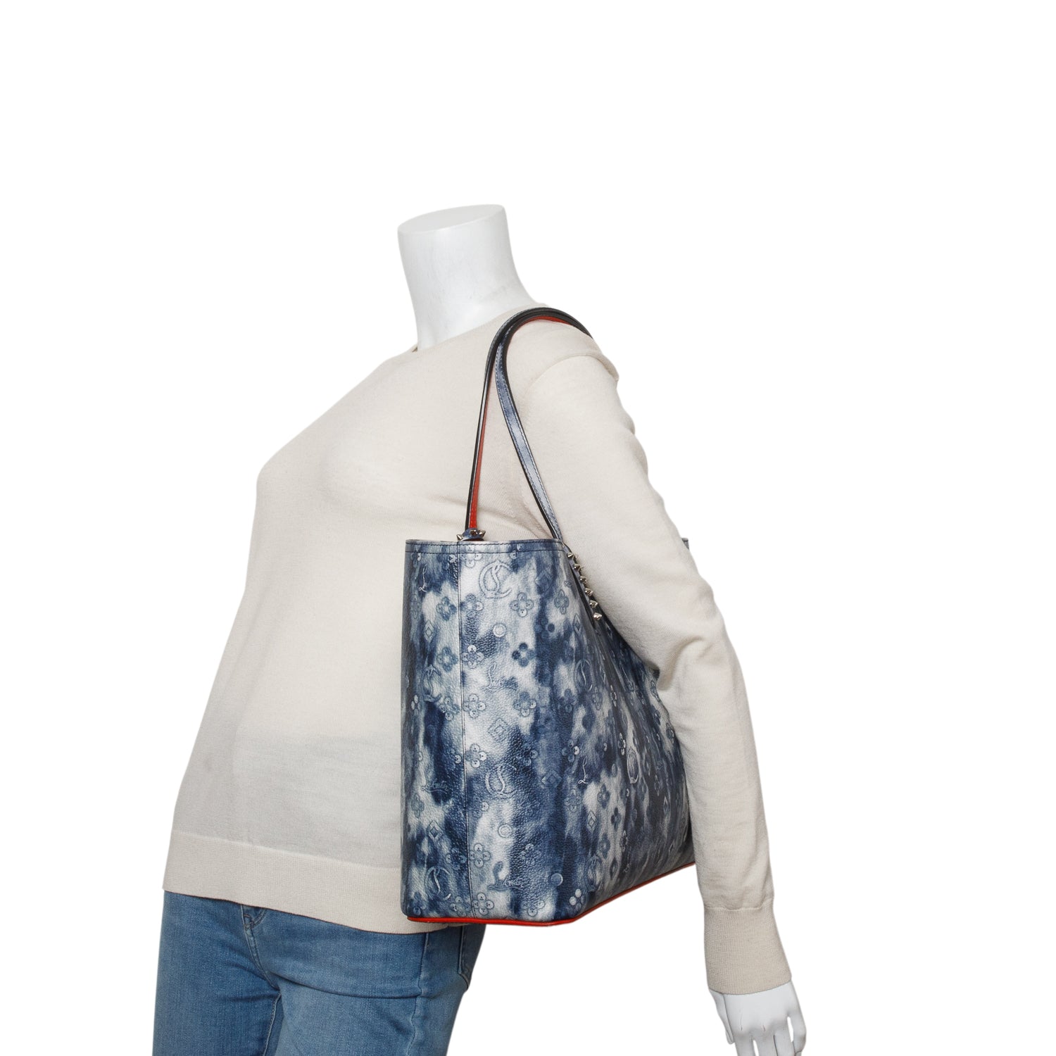 Christian Louboutin Blue Calfskin Tie Dye Spikes Cabata Tote w/ Pouch