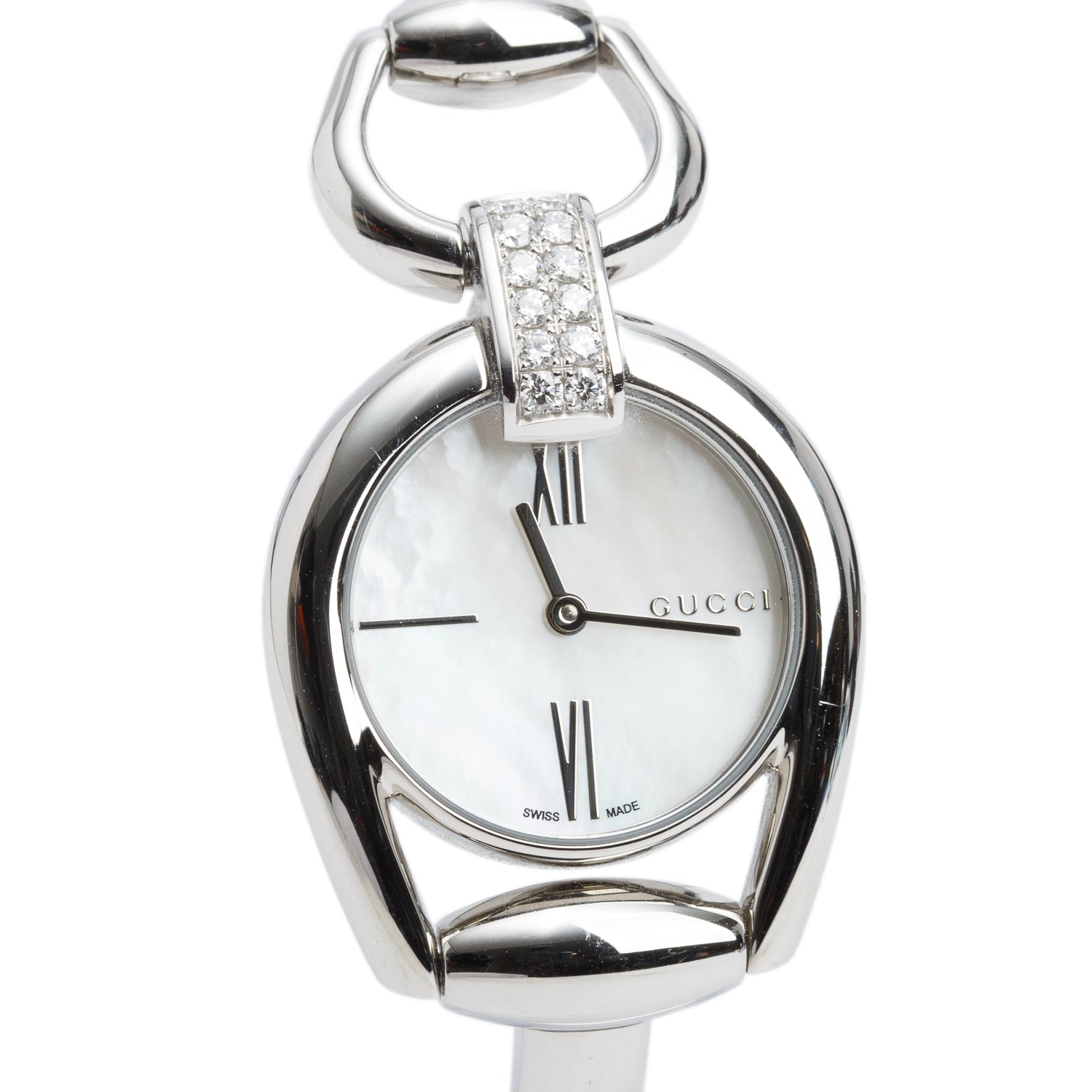 Gucci Stainless Steel Diamond Bezel 139.5 Horsebit 28 MM Quartz Watch Mother of Pearl Dial w/ Box