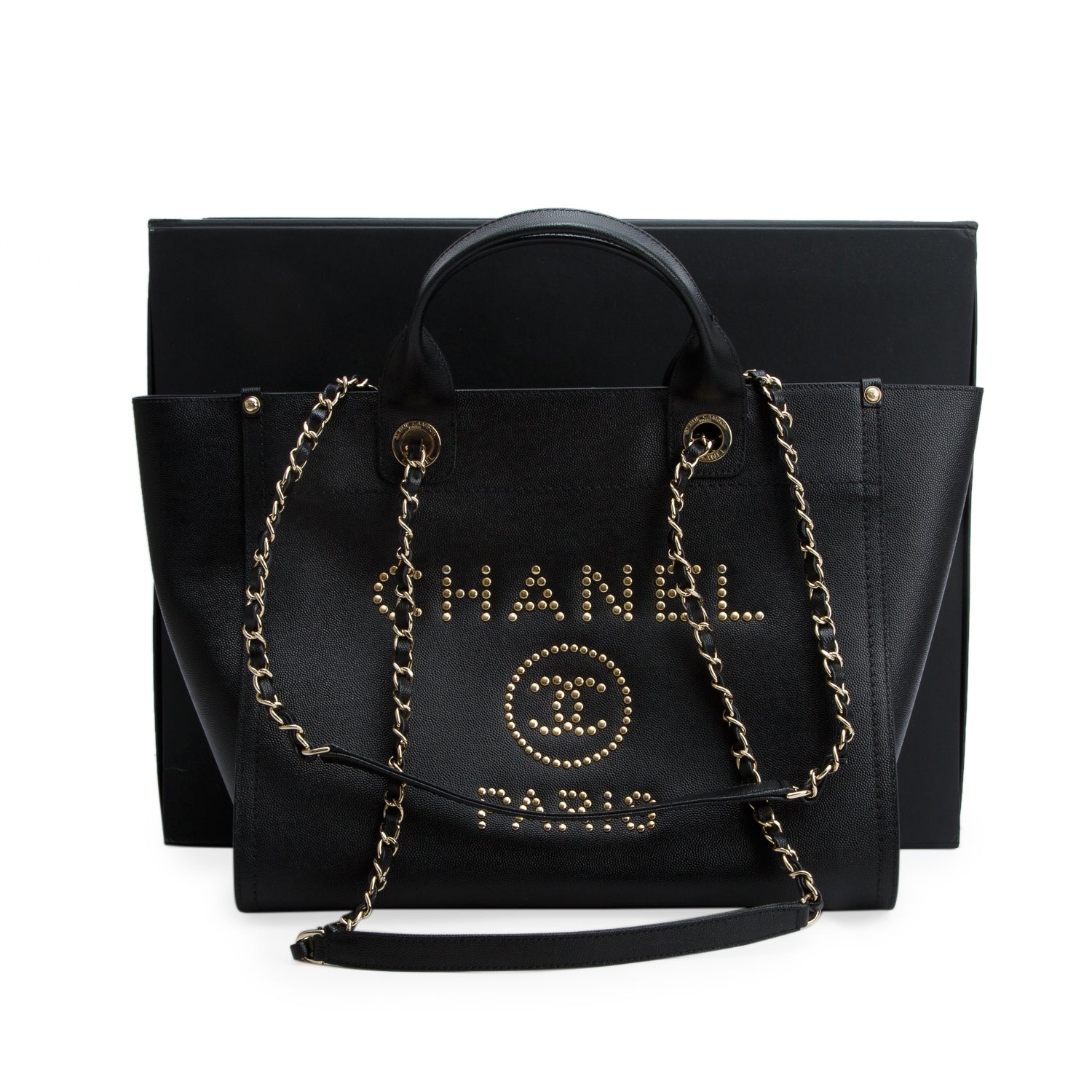 Chanel Black Caviar Small Studded Deauville Tote w/ Box & Authenticity Card