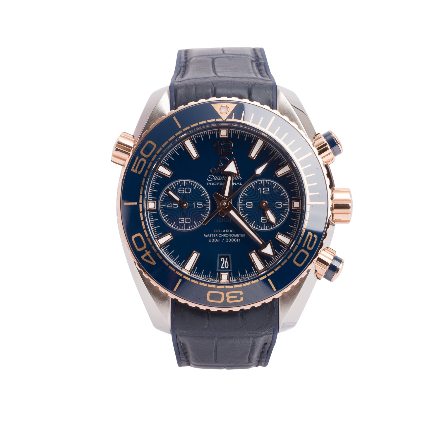 Omega Stainless Steel & 18k Rose Gold Seamaster Planet Ocean 600M Co-Axial Chronometer 45.5 MM Automatic Chronograph Watch Blue Dial w/ Box & Papers