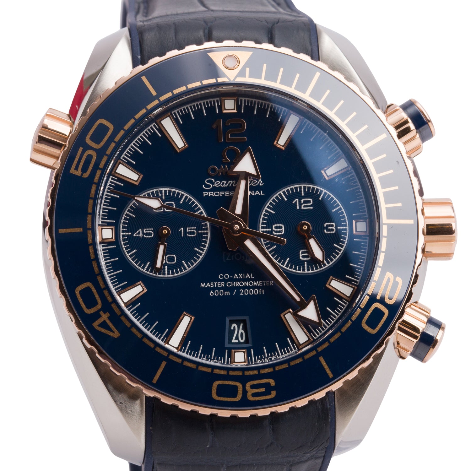Omega Stainless Steel & 18k Rose Gold Seamaster Planet Ocean 600M Co-Axial Chronometer 45.5 MM Automatic Chronograph Watch Blue Dial w/ Box & Papers